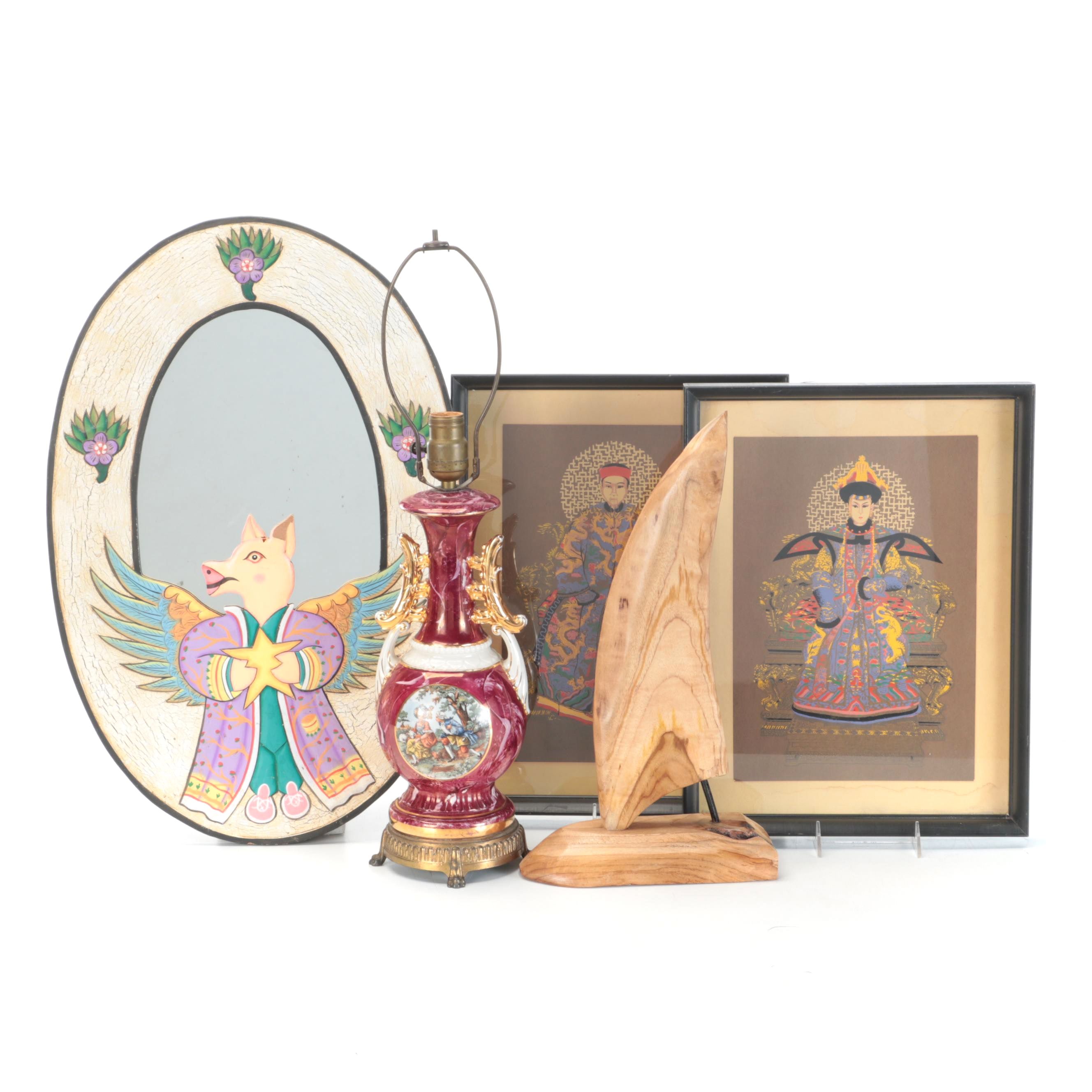 Chinese Woodblock Prints of Imperial Court with Ceramic Table Lamp and More