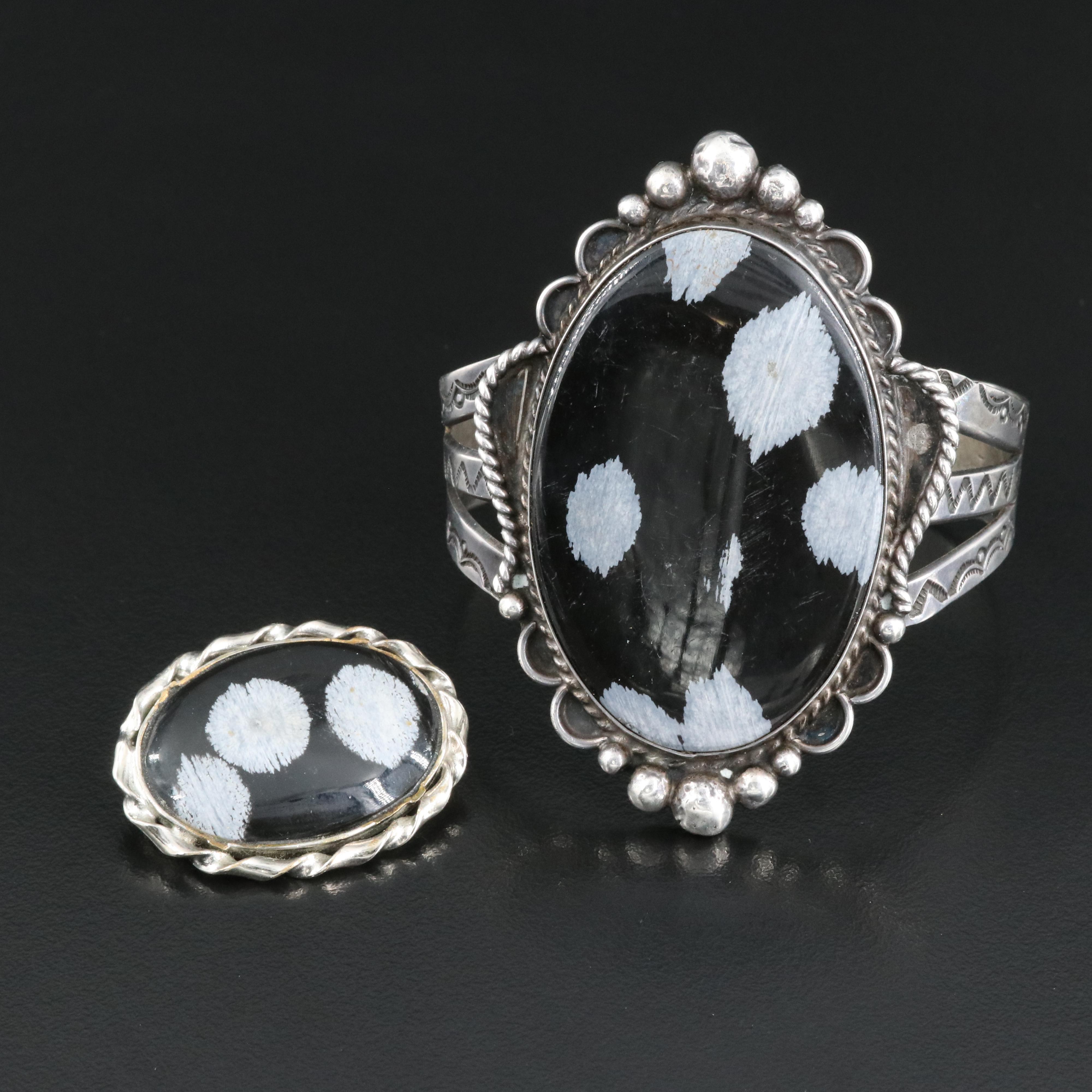 Sterling Snowflake Obsidian Cuff with Brooch
