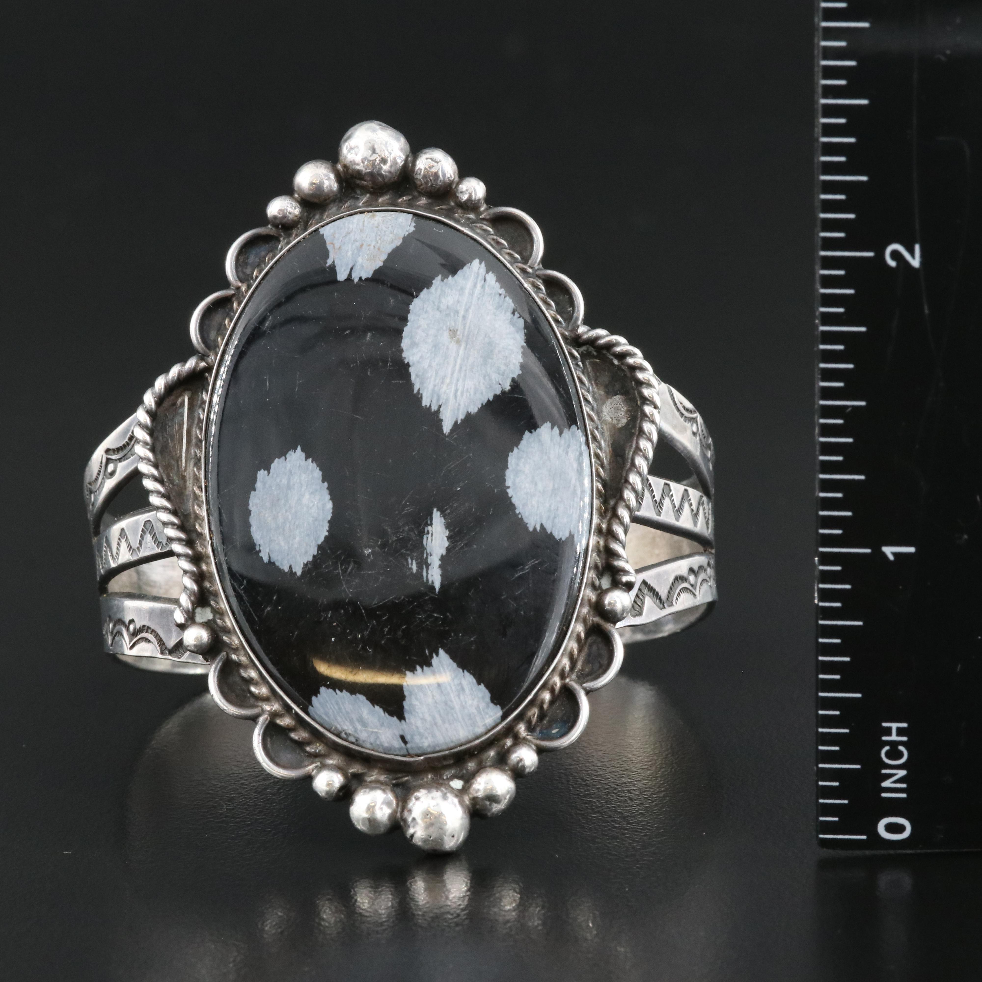 Sterling Snowflake Obsidian Cuff with Brooch