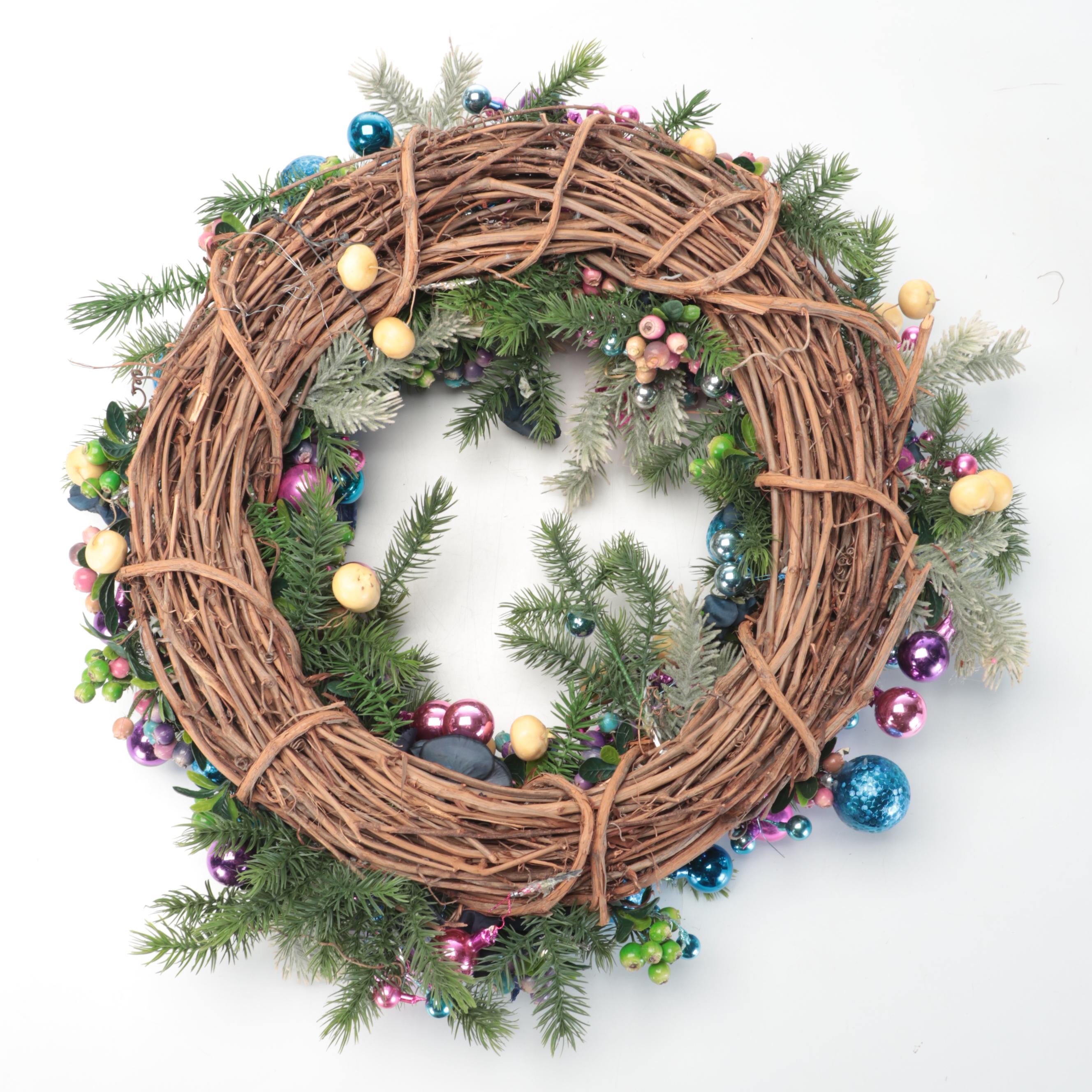 Faux Evergreen and Grapevine Christmas Wreath, Topiary, and Planter