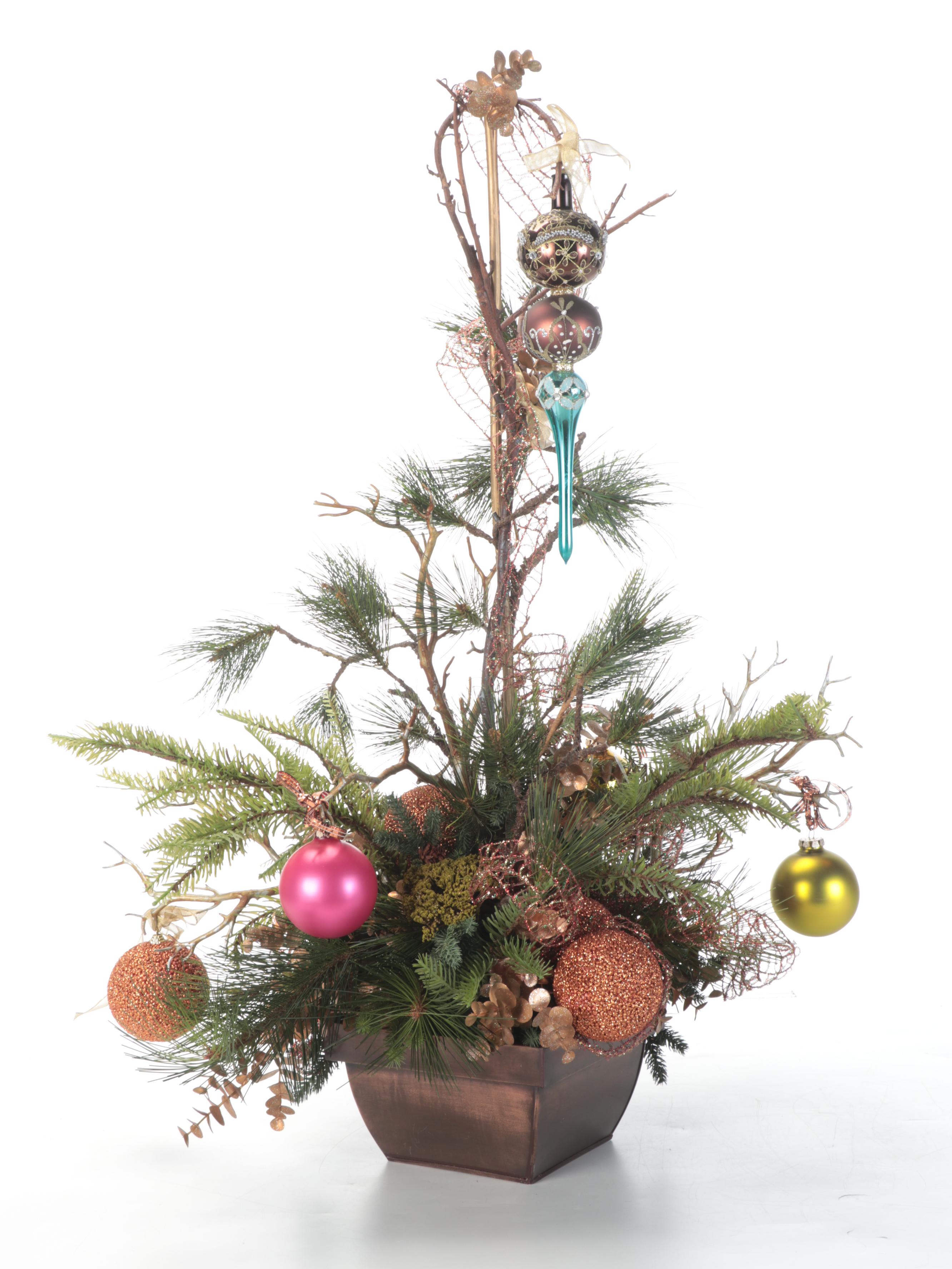 Faux Evergreen and Grapevine Christmas Wreath, Topiary, and Planter