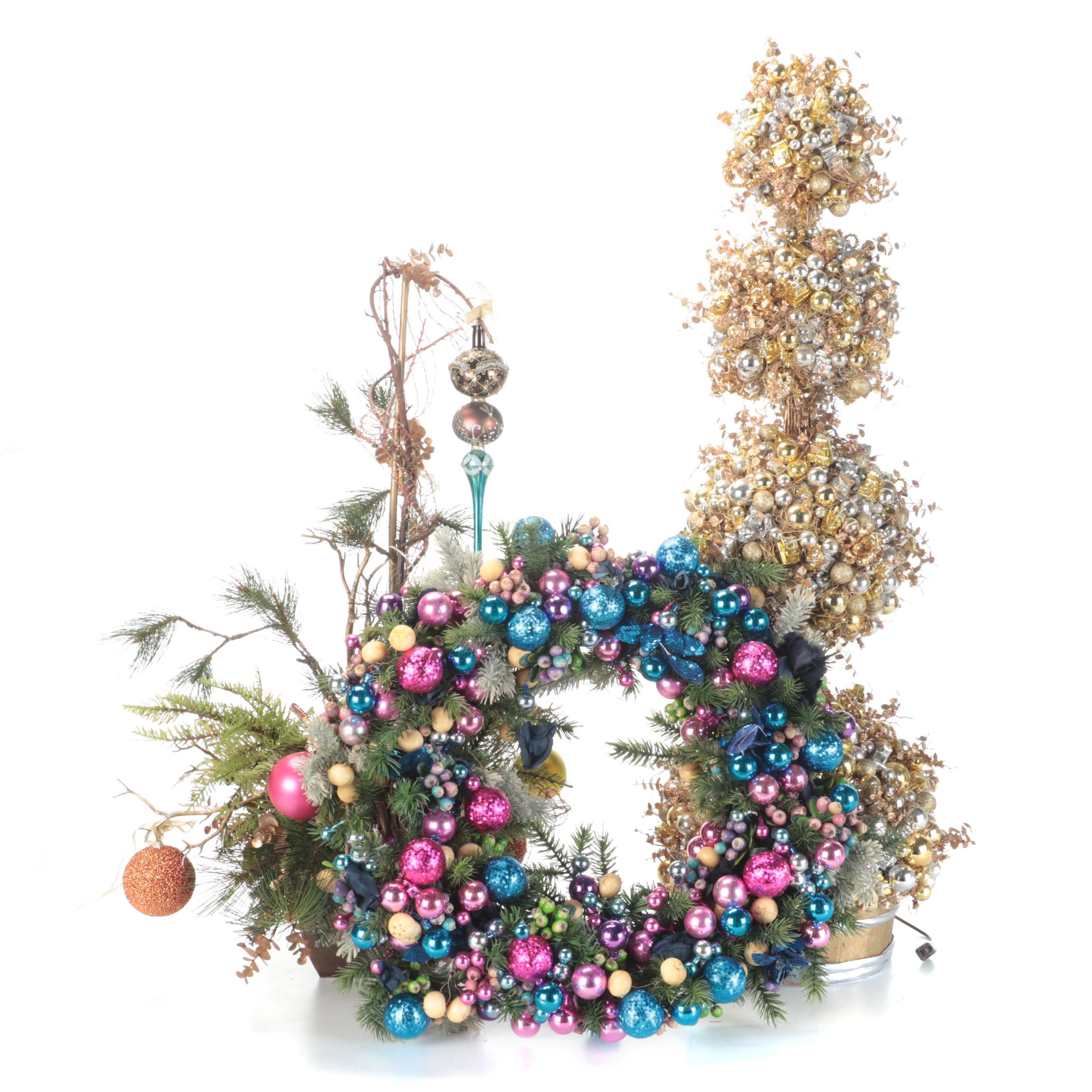 Faux Evergreen and Grapevine Christmas Wreath, Topiary, and Planter