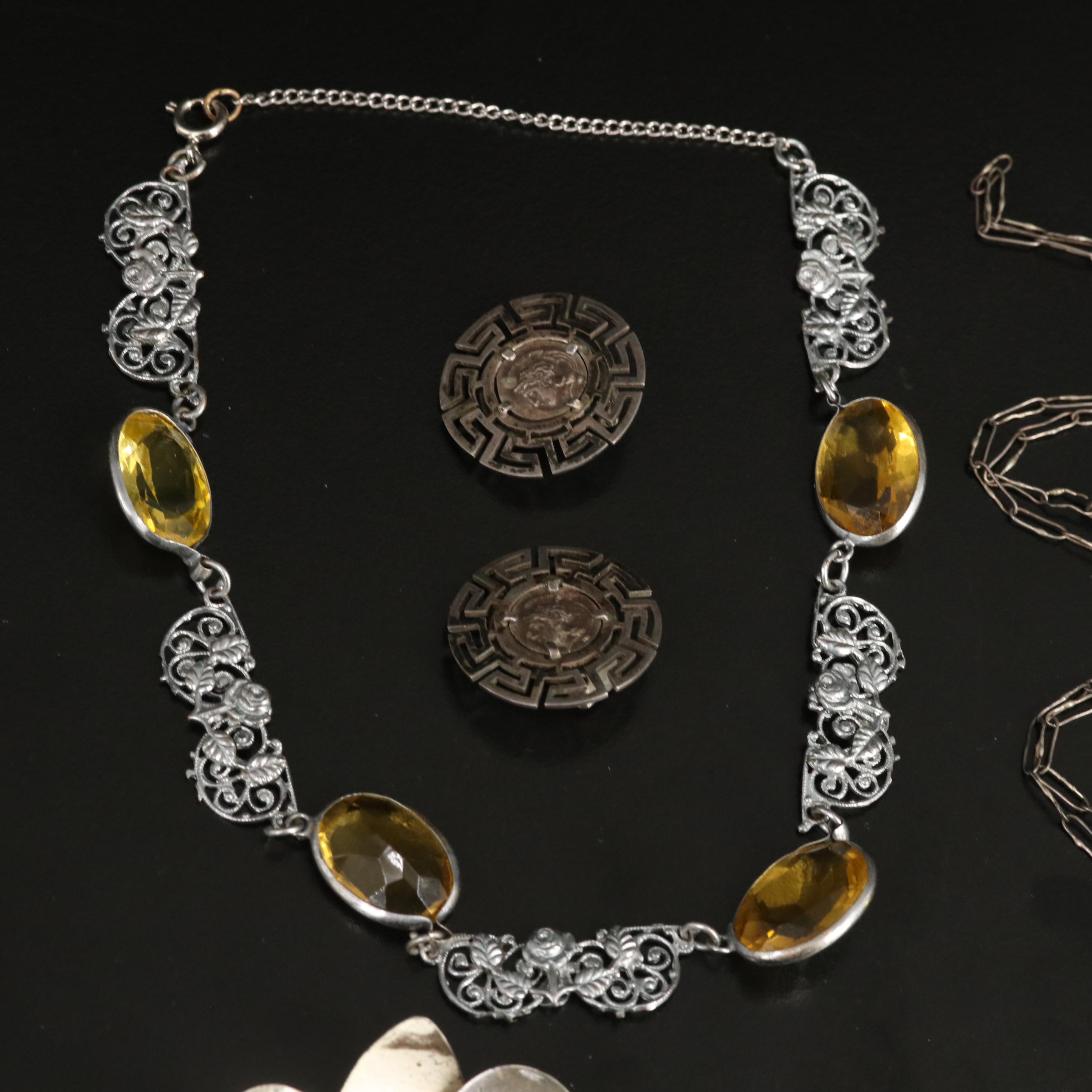 Vintage Mixed Silver Grouping Including Glass, Marcasite and Faux Jadeite