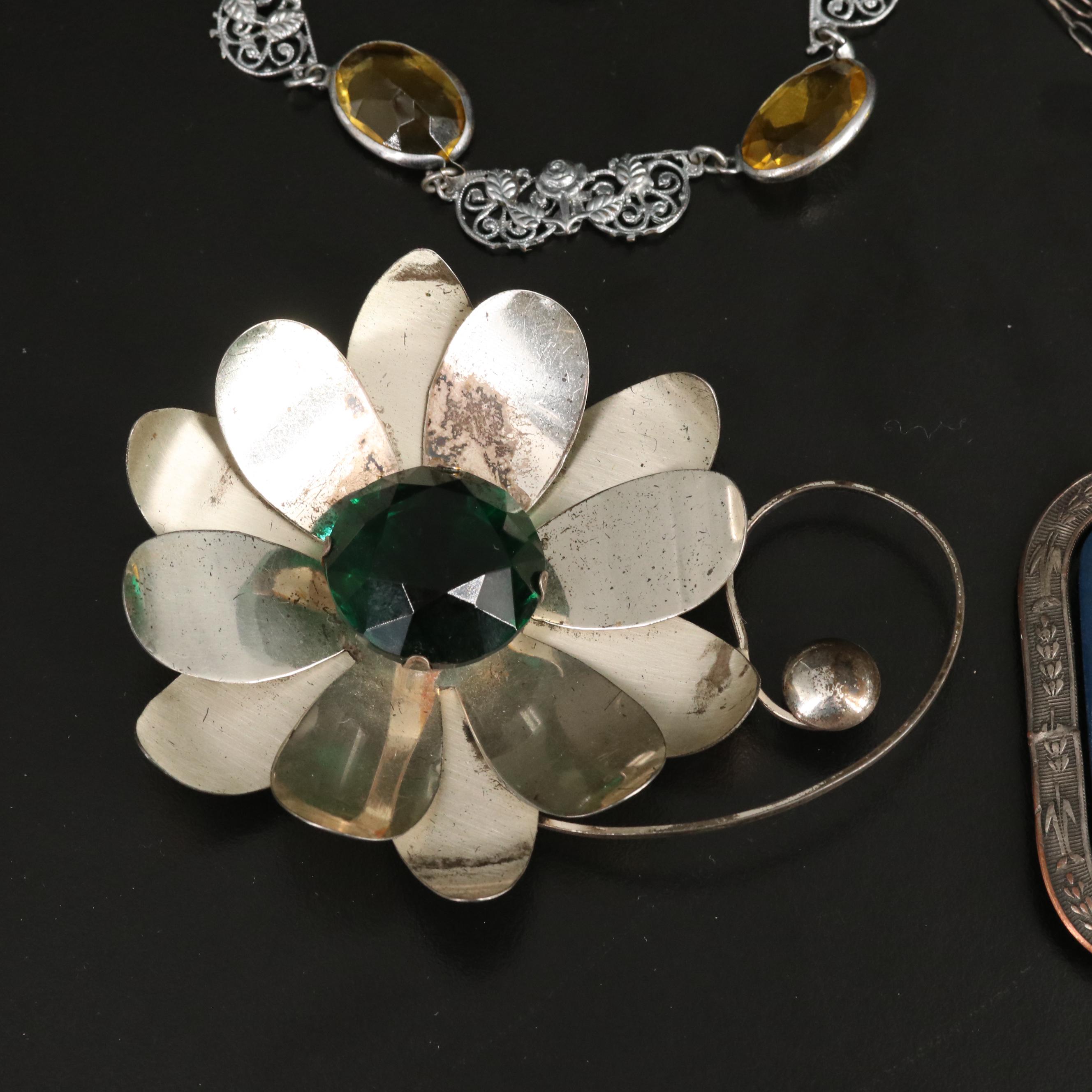 Vintage Mixed Silver Grouping Including Glass, Marcasite and Faux Jadeite