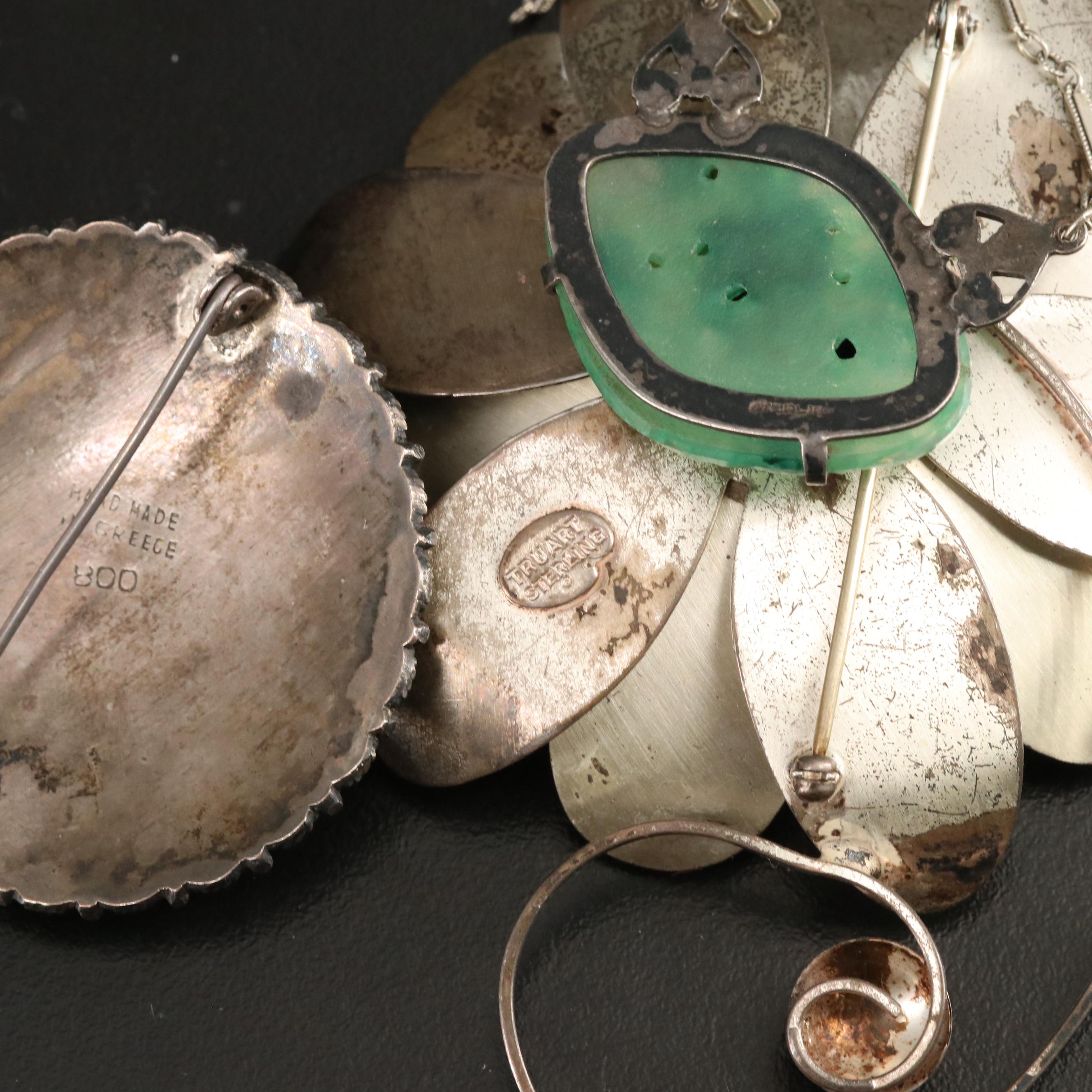 Vintage Mixed Silver Grouping Including Glass, Marcasite and Faux Jadeite