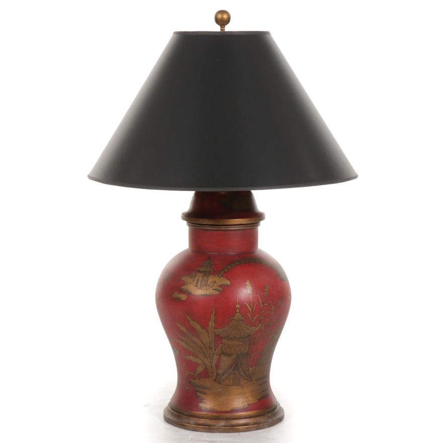 Visual Comfort & Co. Chinoiserie Ginger Jar Urn Lamp With Black Paper Shade