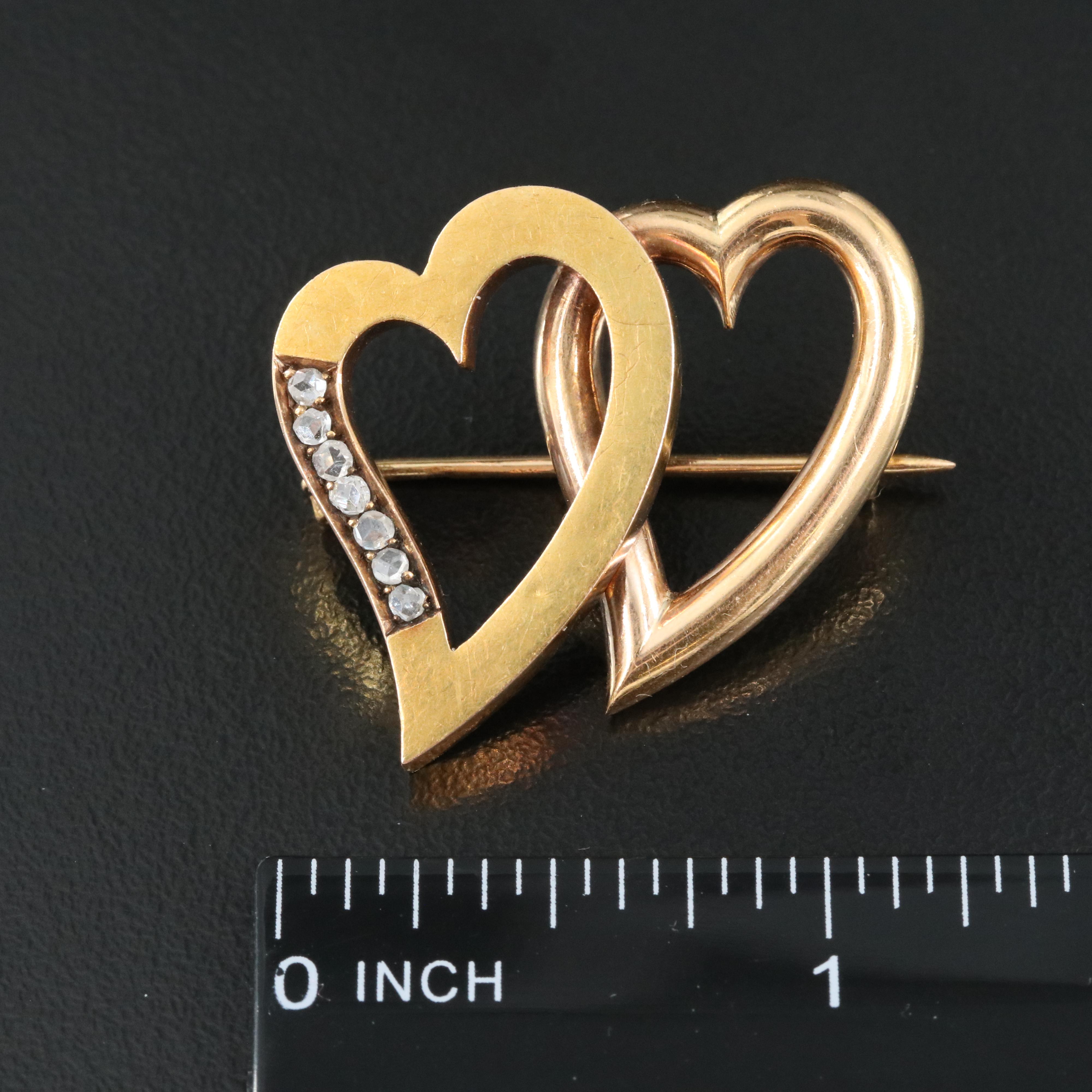 Victorian 18K 0.10 CTW Diamond Double Witch's Heart Brooch
