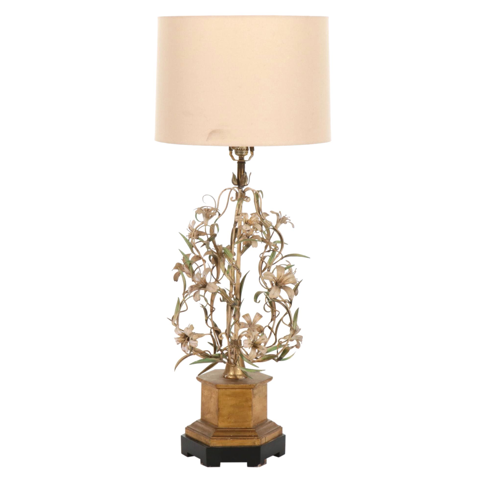 Italianate Mid Century Floral Tole Table Lamp With Drum Shade