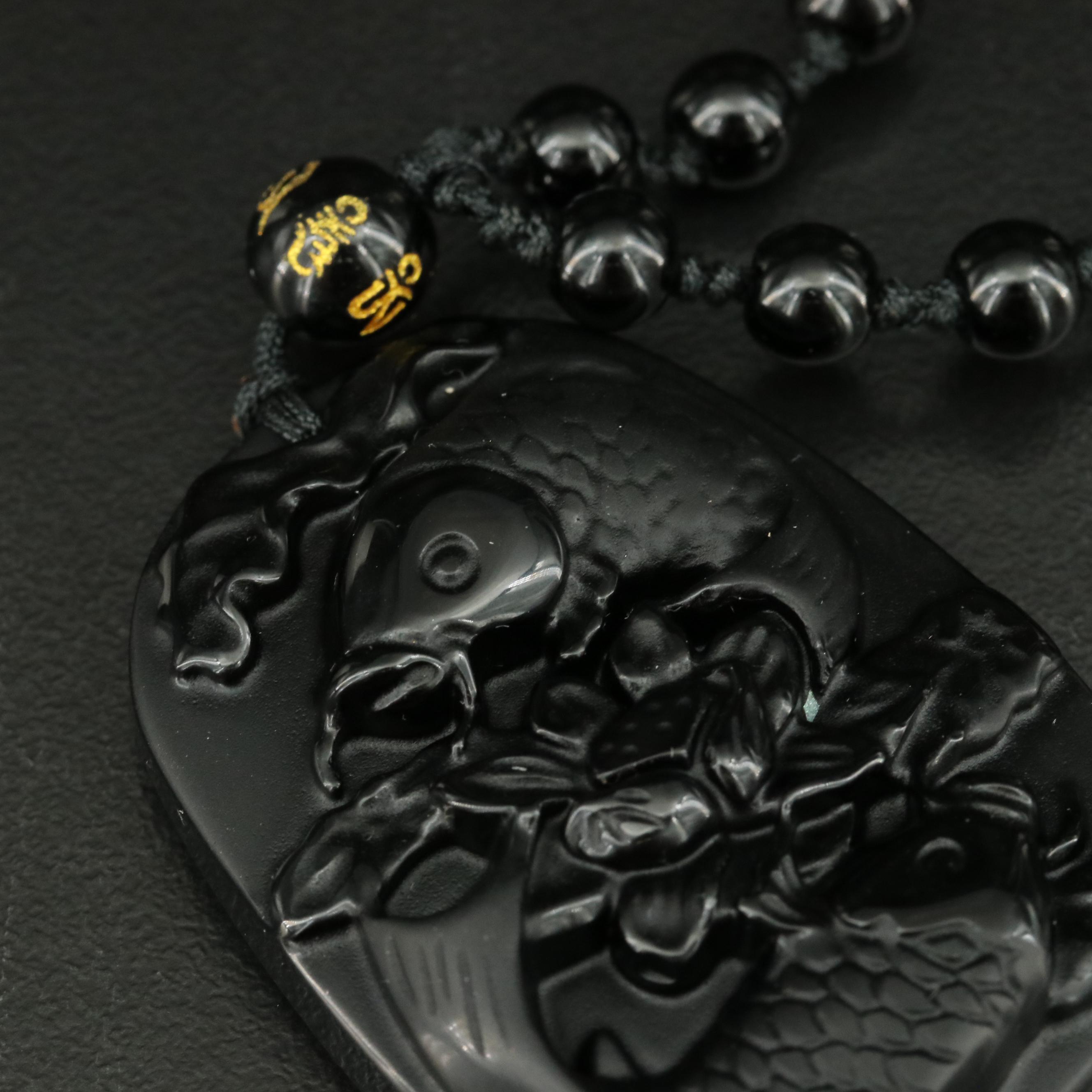 Obsidian Double Fish Harmony Necklace