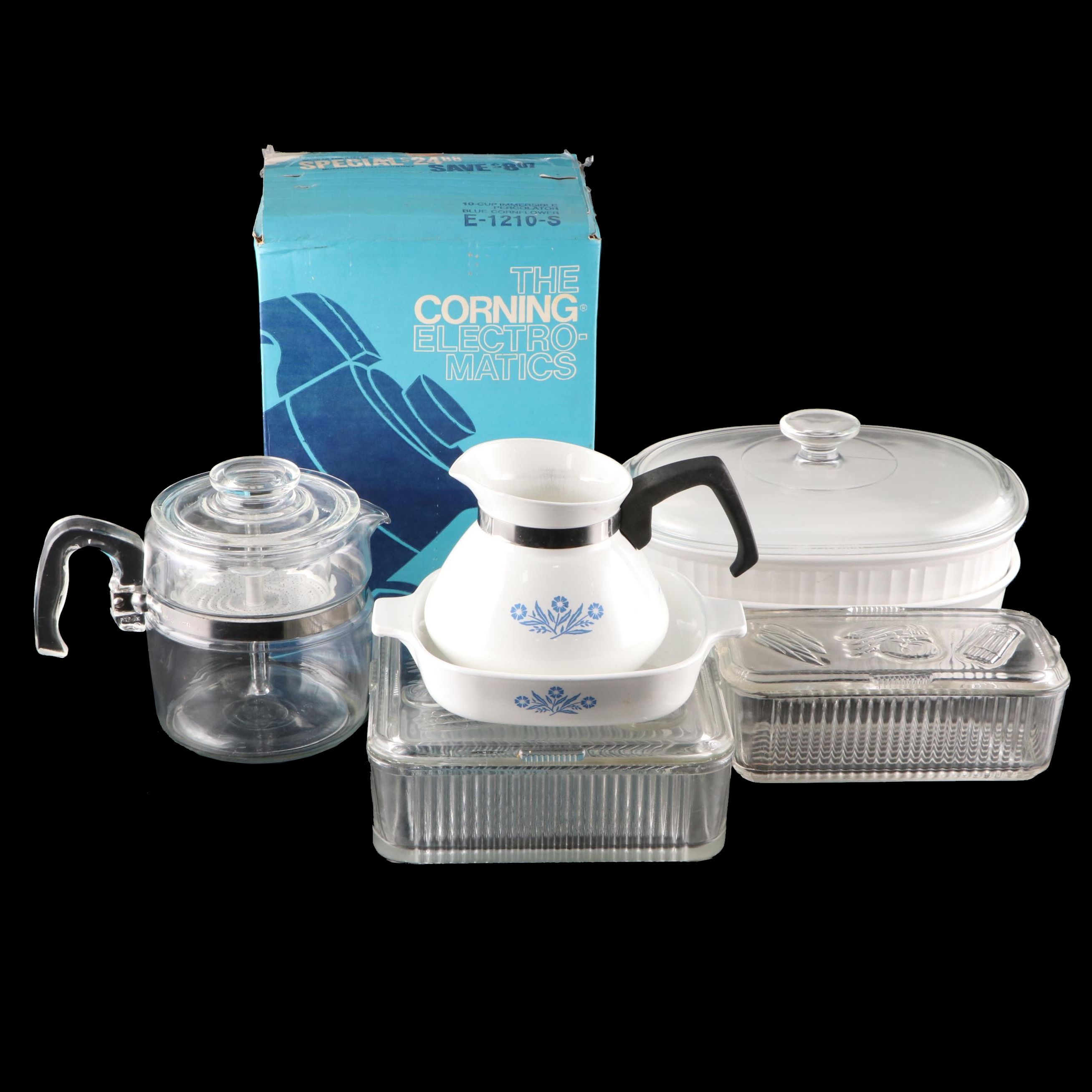 CorningWare "Cornflower Blue" Kitchenware with Glass Refrigerator Dishes