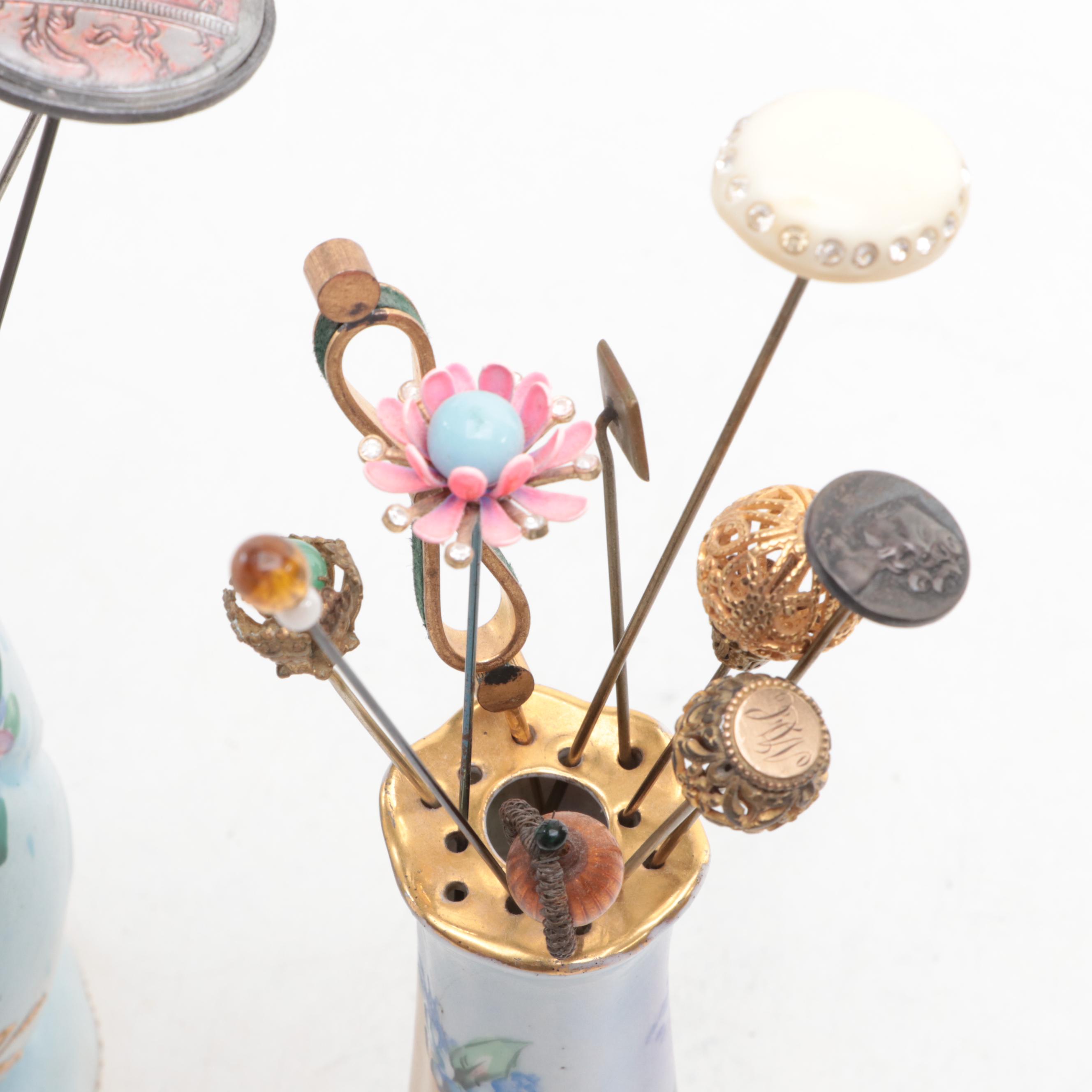 Morimura Brothers and Other Floral Motif Porcelain Hatpin Holders with Hatpins