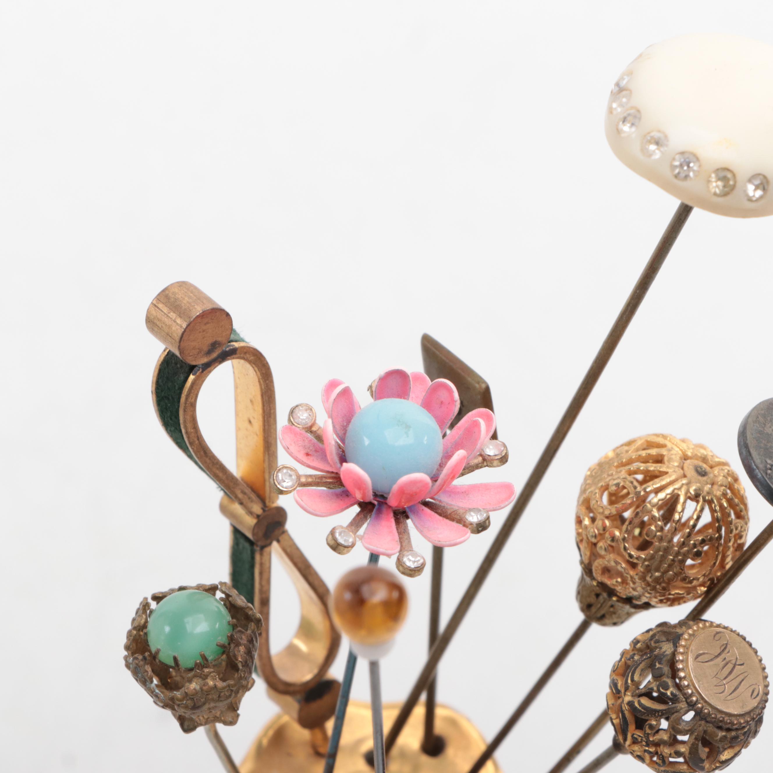 Morimura Brothers and Other Floral Motif Porcelain Hatpin Holders with Hatpins