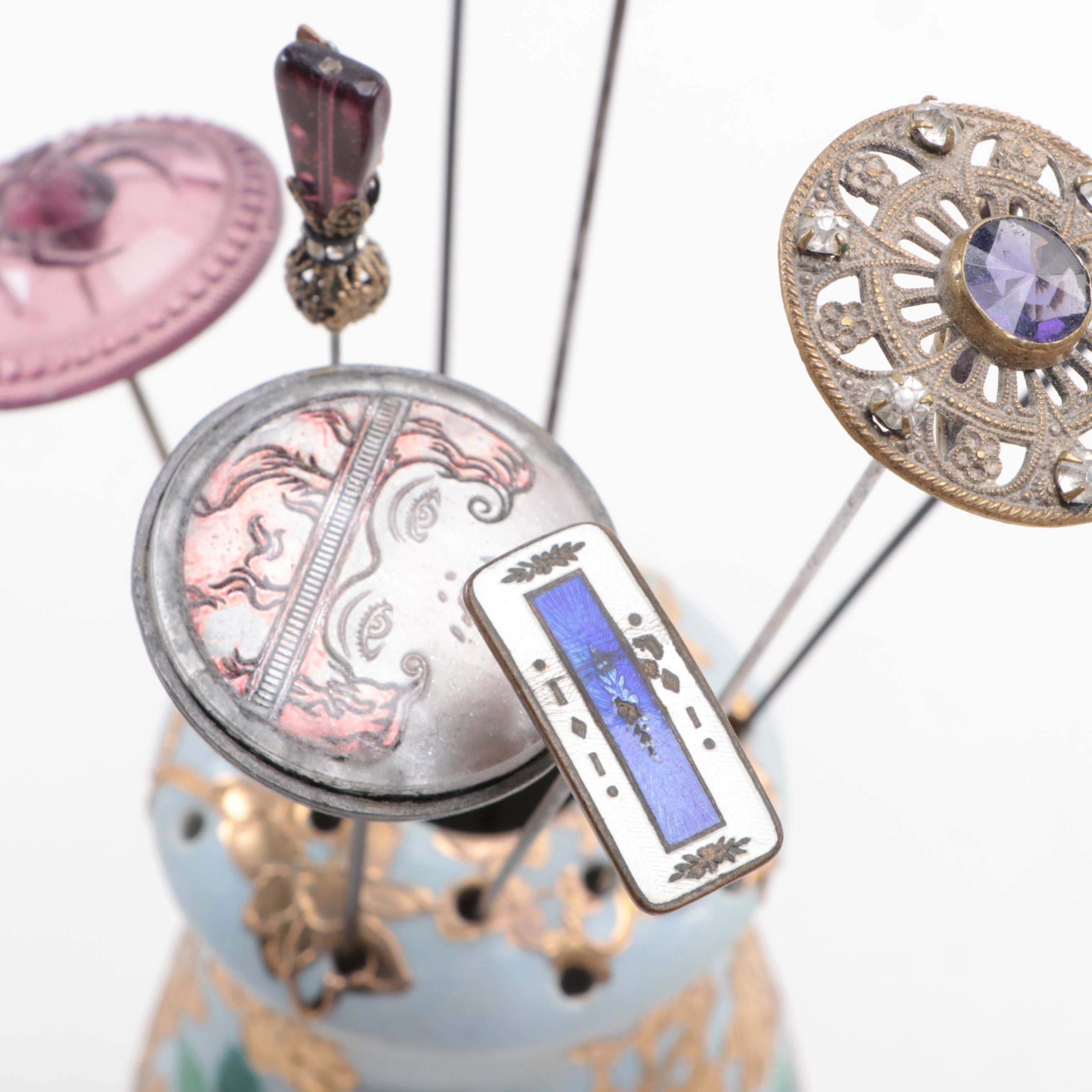 Morimura Brothers and Other Floral Motif Porcelain Hatpin Holders with Hatpins