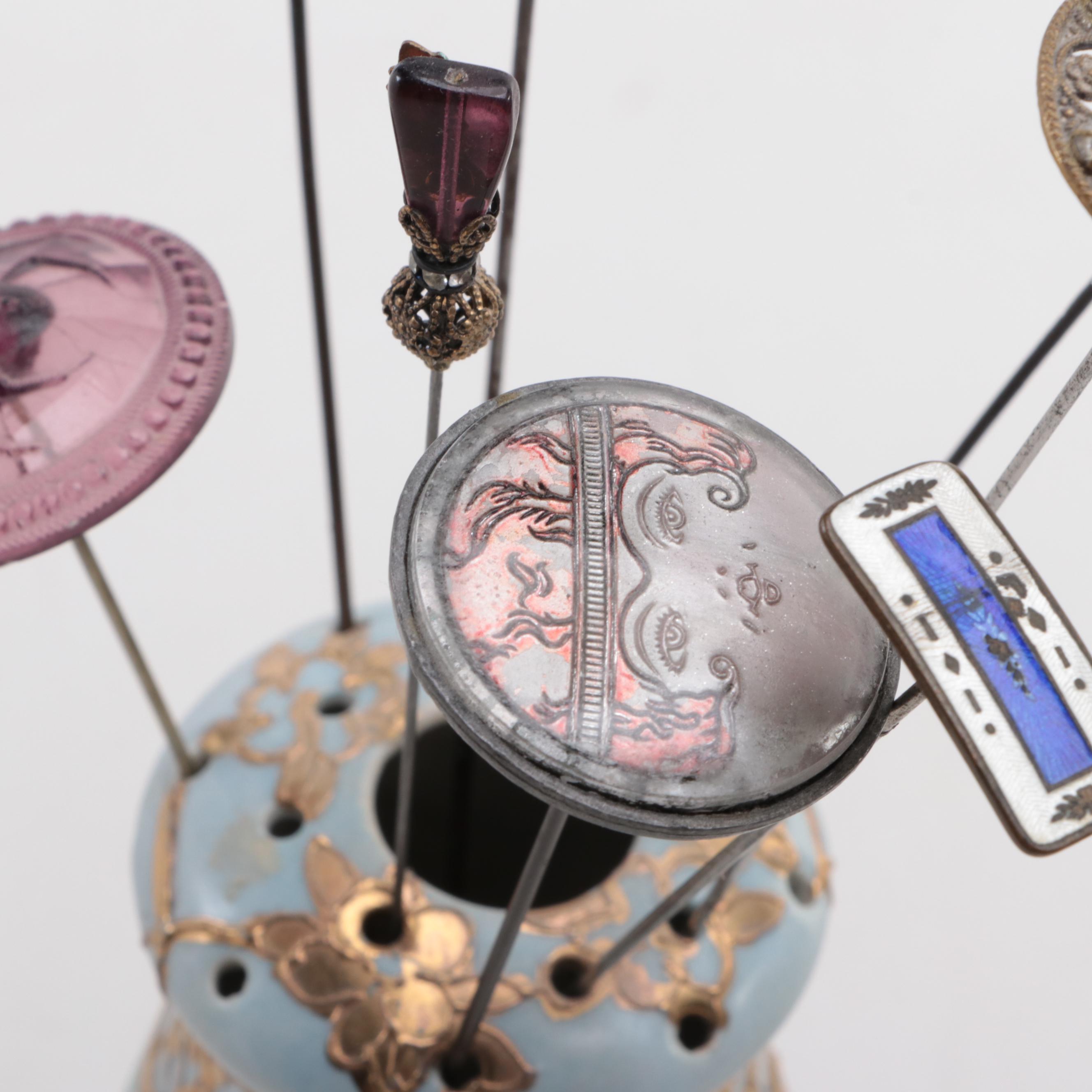 Morimura Brothers and Other Floral Motif Porcelain Hatpin Holders with Hatpins