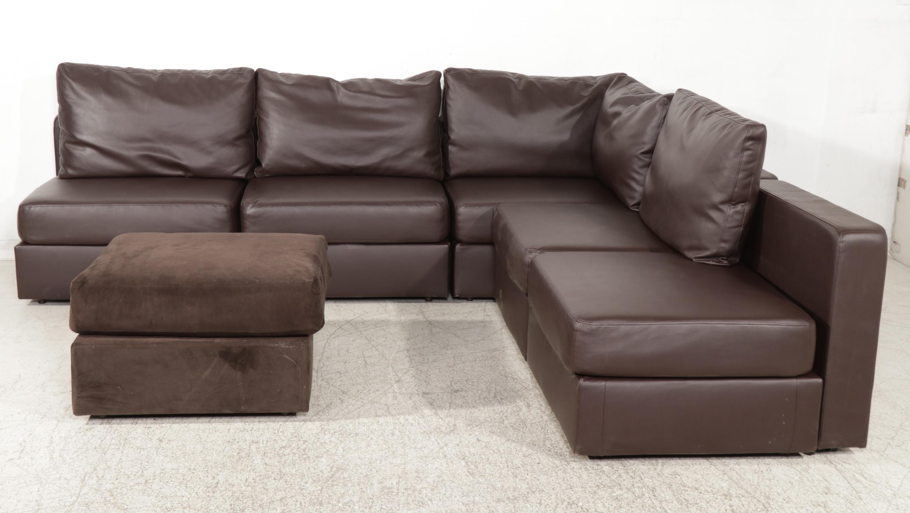 Lovesac Faux Brown Leather "Sactional" with Table and Ottoman