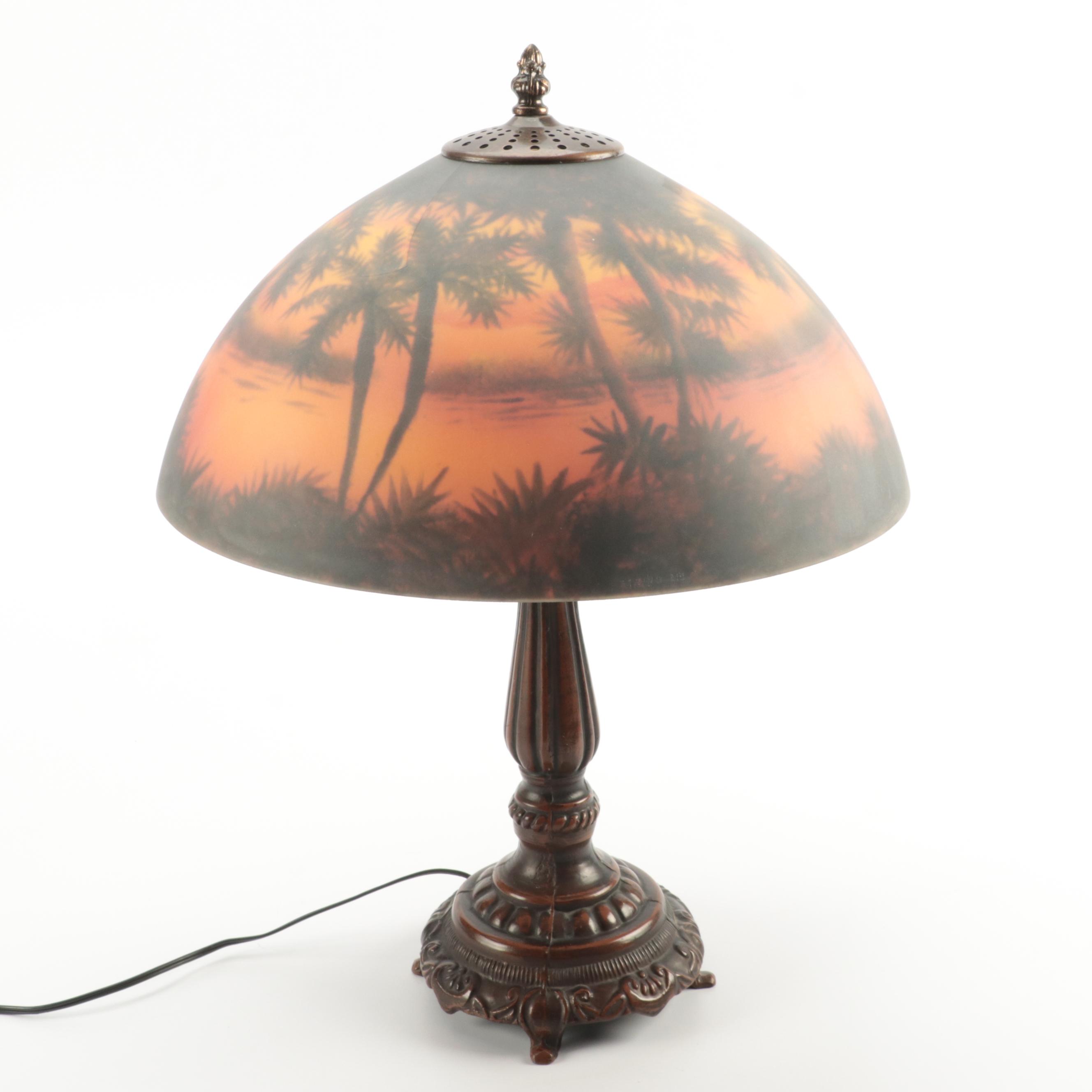 Art Nouveau Style Reverse Decorated Glass and Metal Table Lamp, Mid/Late 20th C.