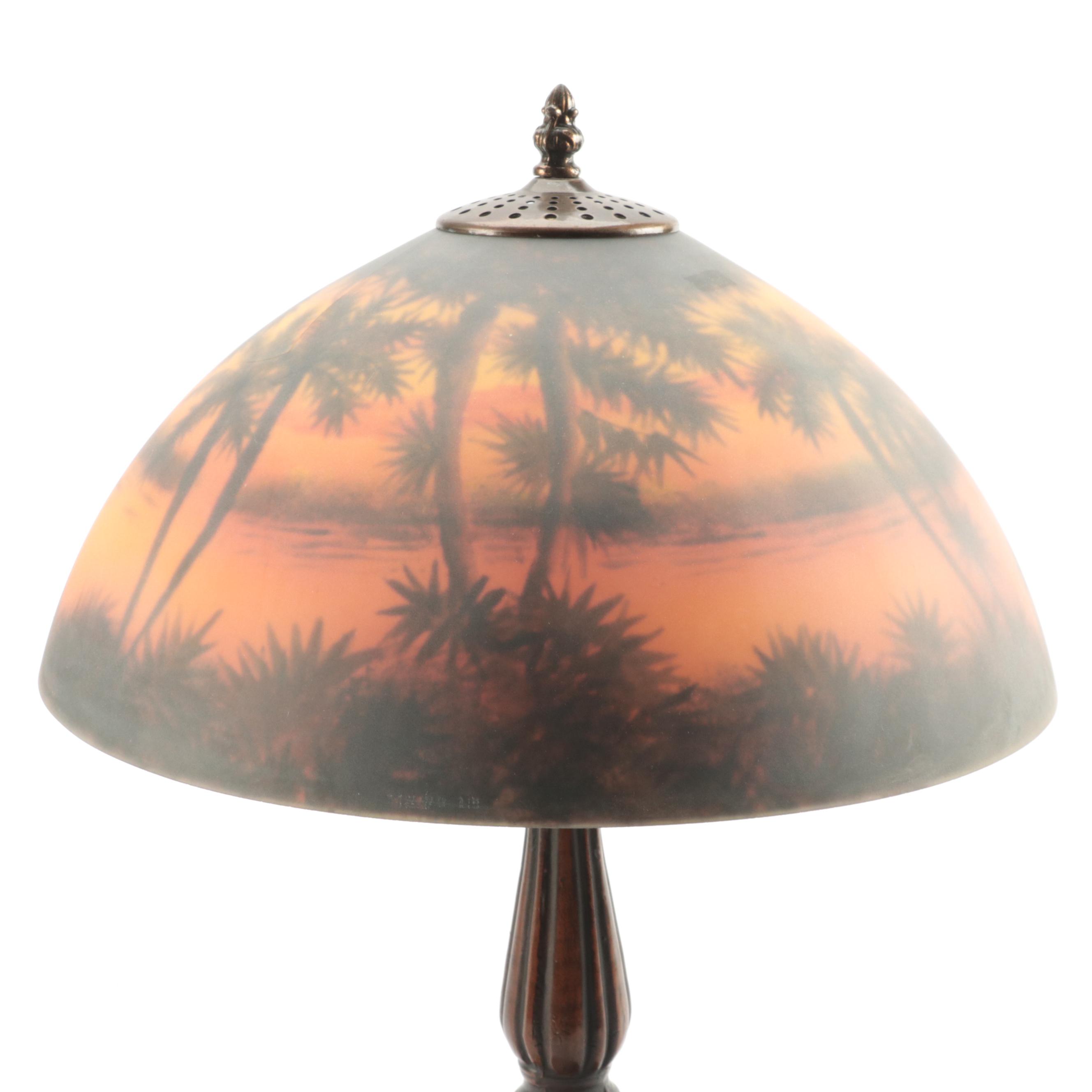 Art Nouveau Style Reverse Decorated Glass and Metal Table Lamp, Mid/Late 20th C.