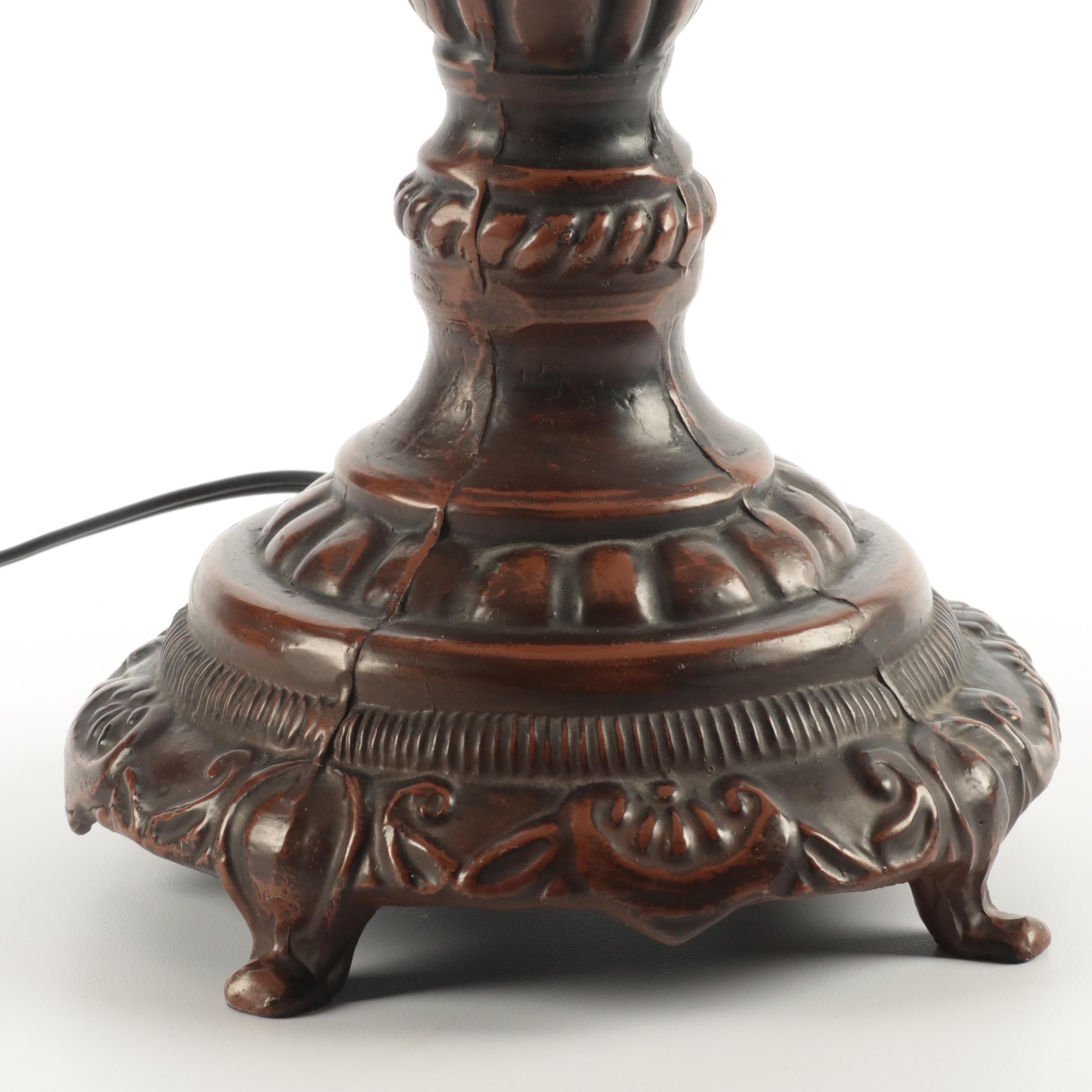 Art Nouveau Style Reverse Decorated Glass and Metal Table Lamp, Mid/Late 20th C.