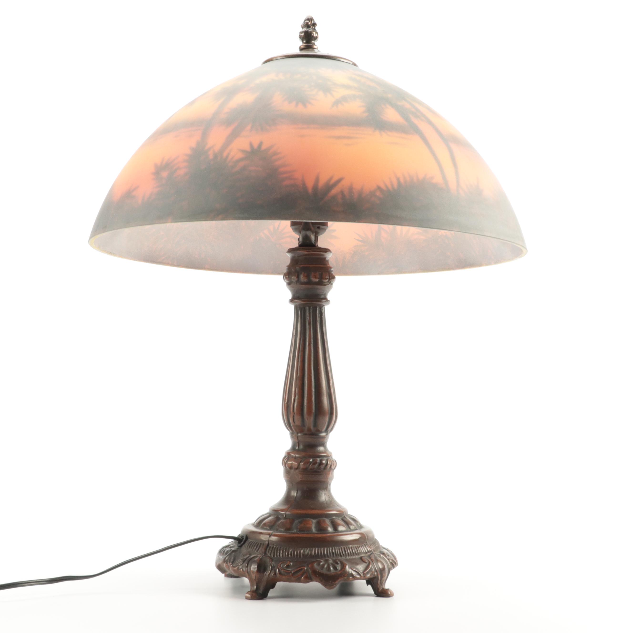 Art Nouveau Style Reverse Decorated Glass and Metal Table Lamp, Mid/Late 20th C.