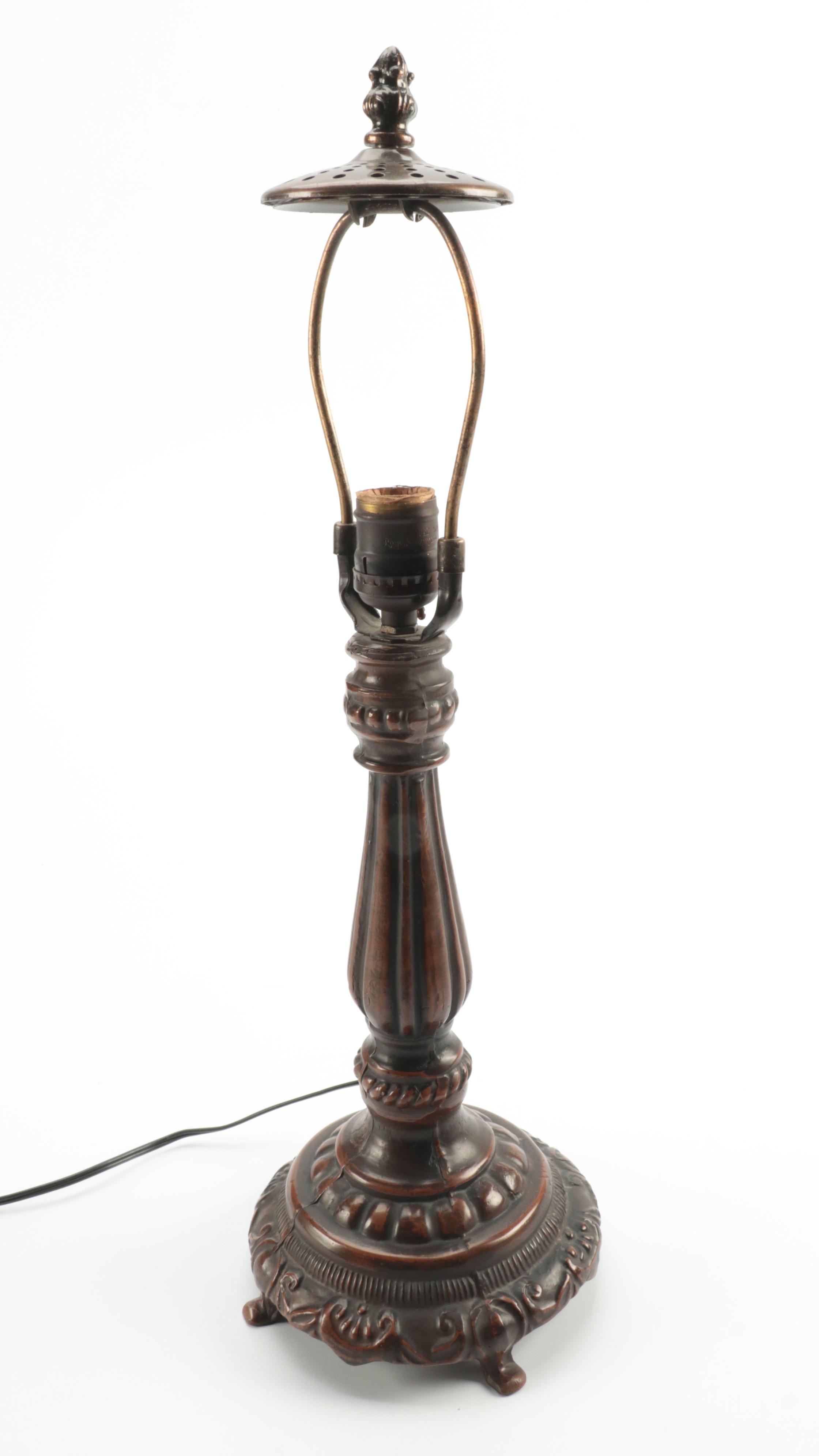 Art Nouveau Style Reverse Decorated Glass and Metal Table Lamp, Mid/Late 20th C.