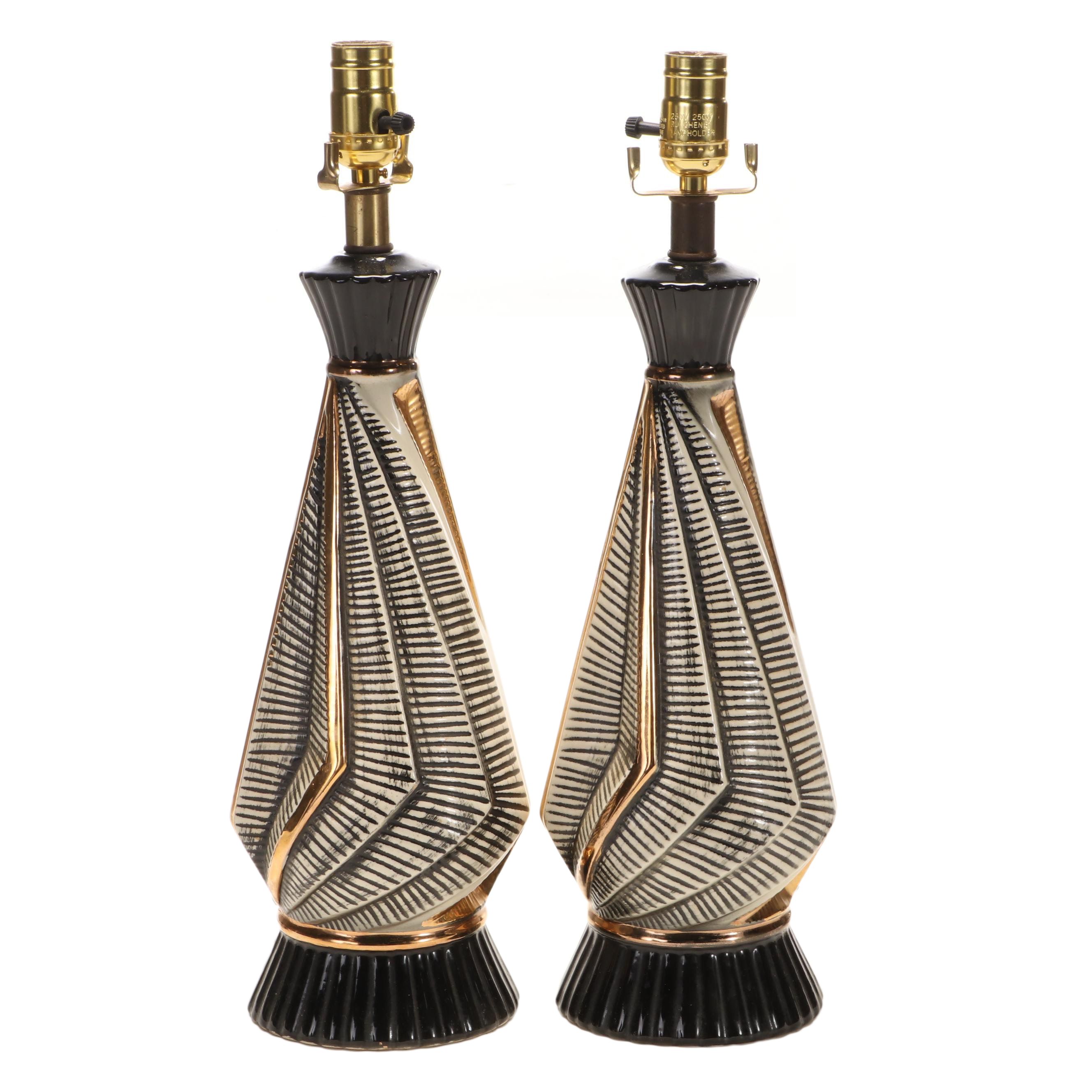 Mid Century Modern Gilt Accented Ceramic Table Lamps