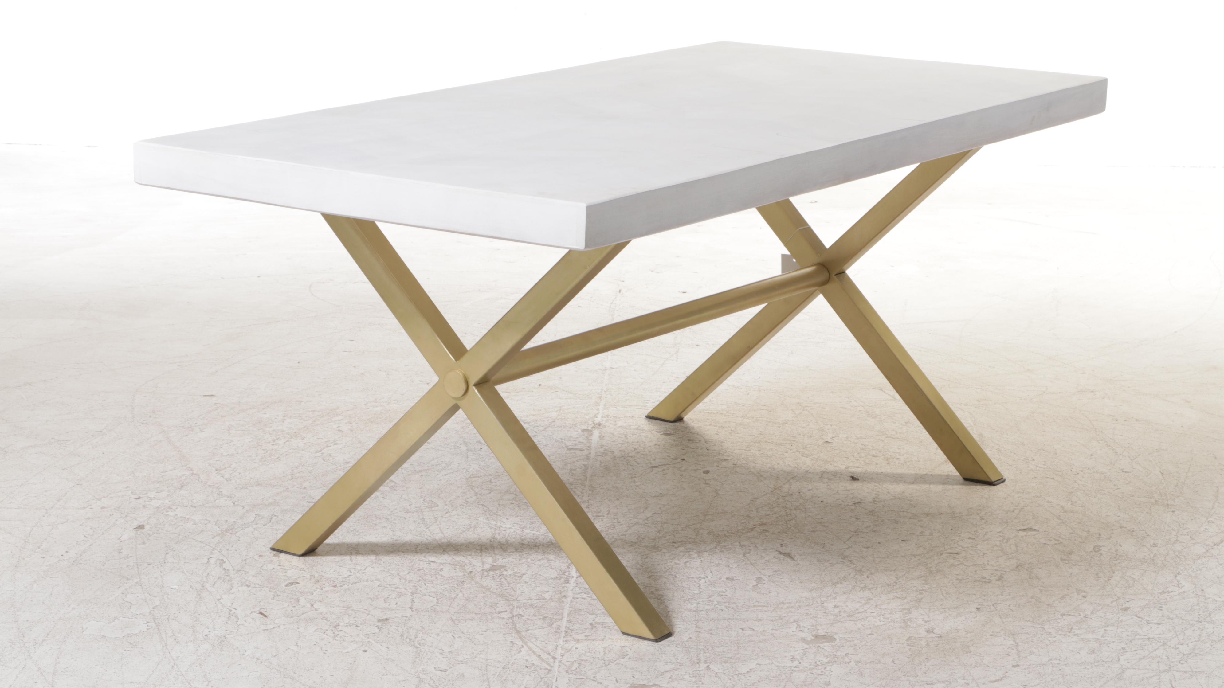 Contemporary White and Gold-Painted X-Base Trestle Dining Table