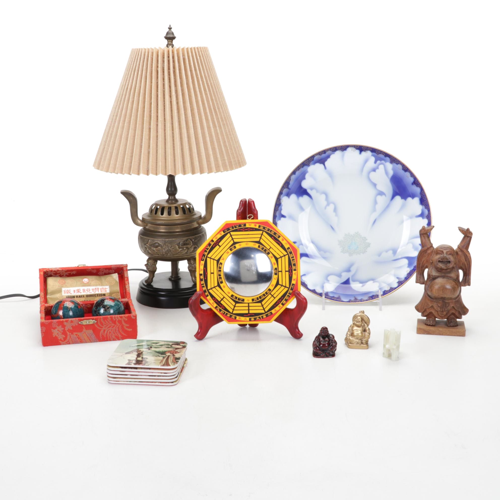Chinese Brass Censer Lamp, Bagua Feng Shui Mirror, Fukagawa Style Plate, More