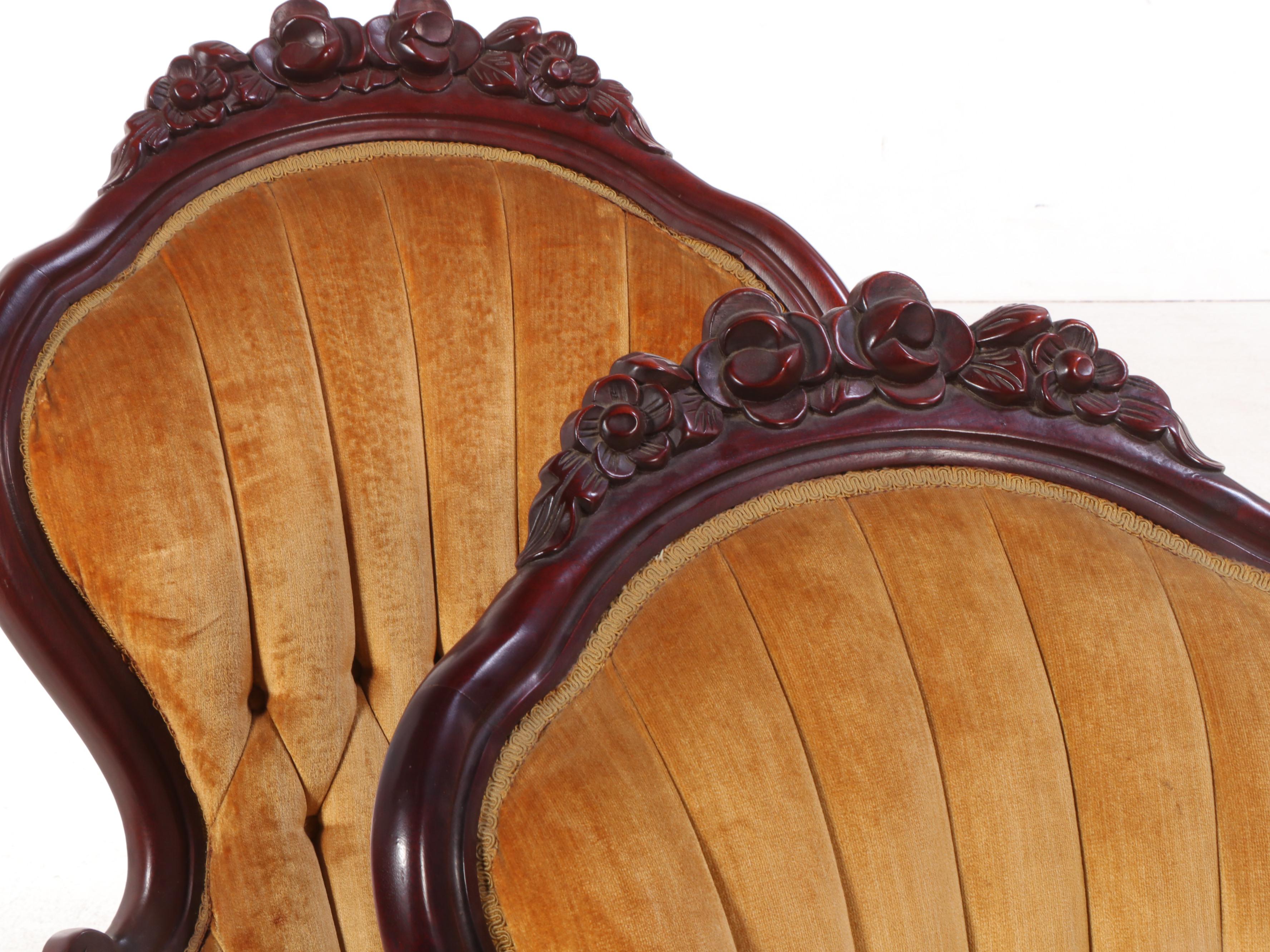 Kimball Furniture Victorian Style Carved and Velvet Upholstered Parlor Chairs