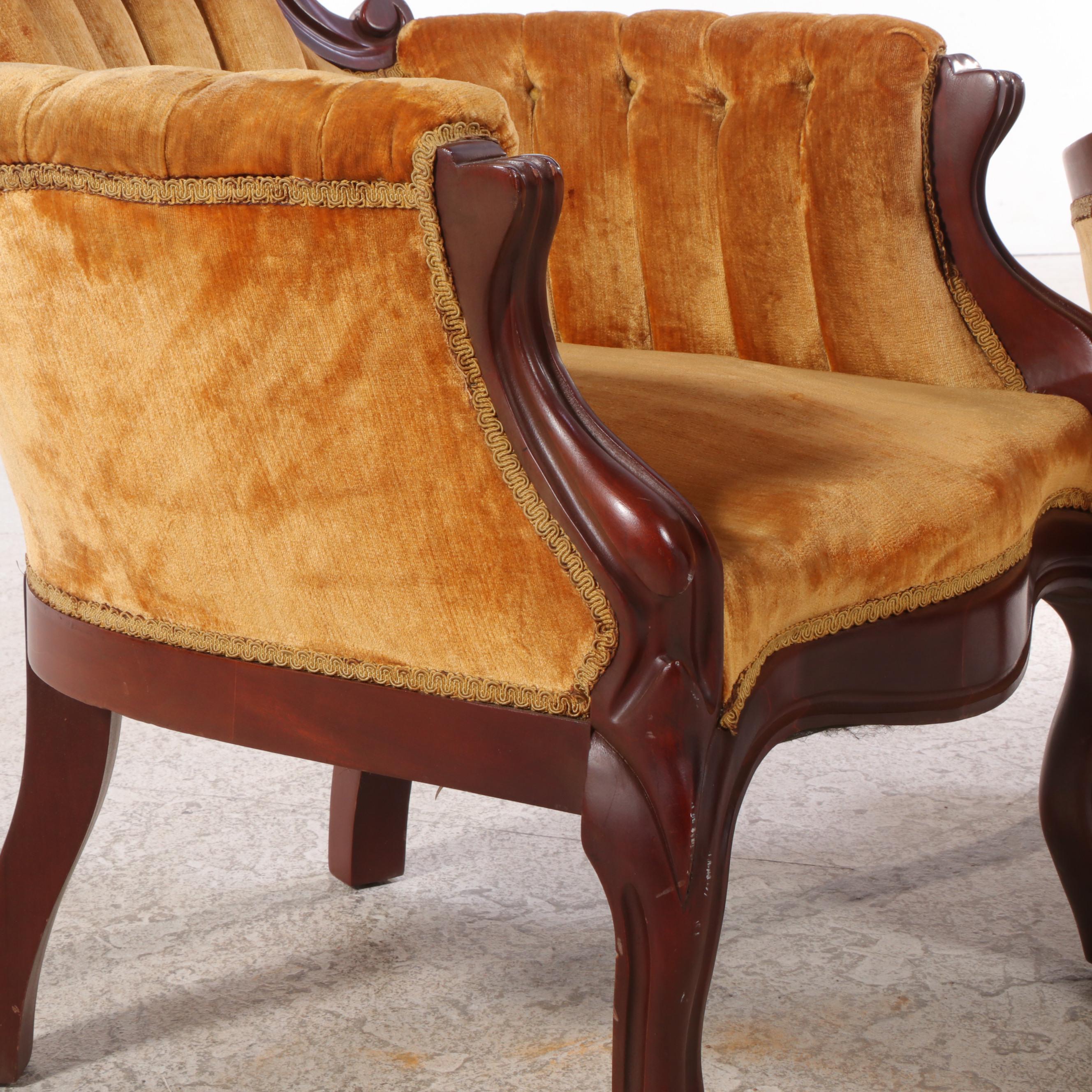 Kimball Furniture Victorian Style Carved and Velvet Upholstered Parlor Chairs
