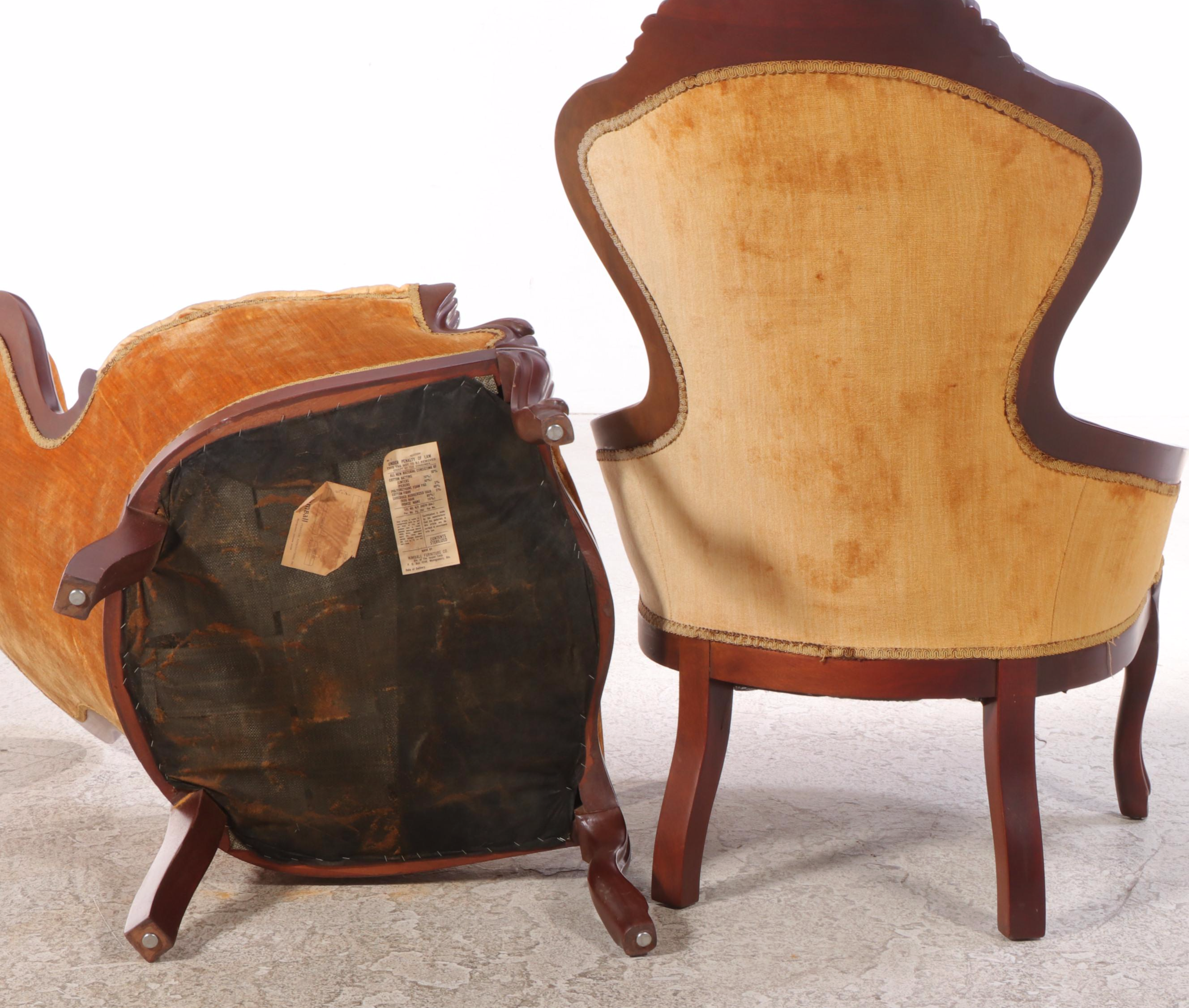 Kimball Furniture Victorian Style Carved and Velvet Upholstered Parlor Chairs