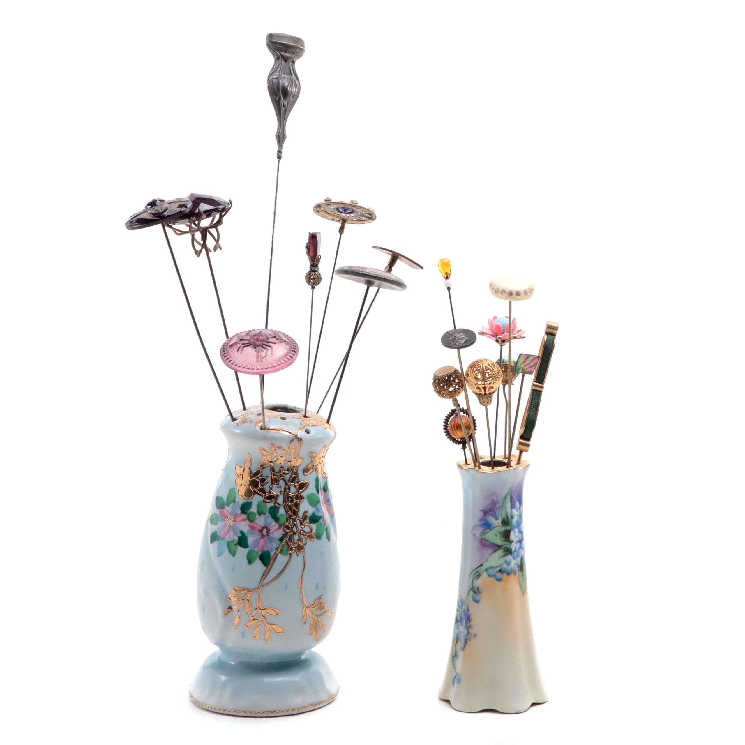 Morimura Brothers and Other Floral Motif Porcelain Hatpin Holders with Hatpins