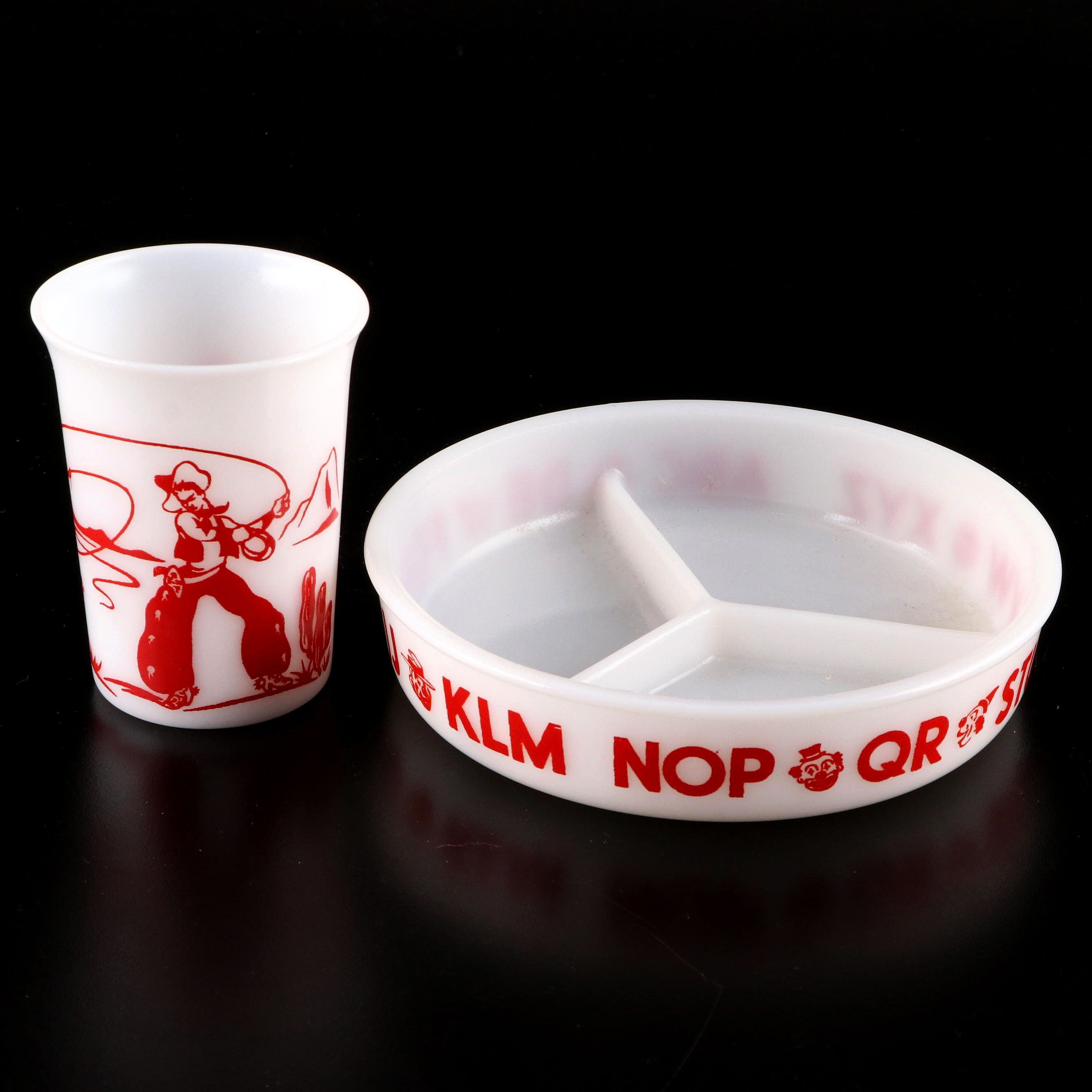 Anchor Hocking Milk Glass Child's Plate and Western Tumbler, Mid-20th C