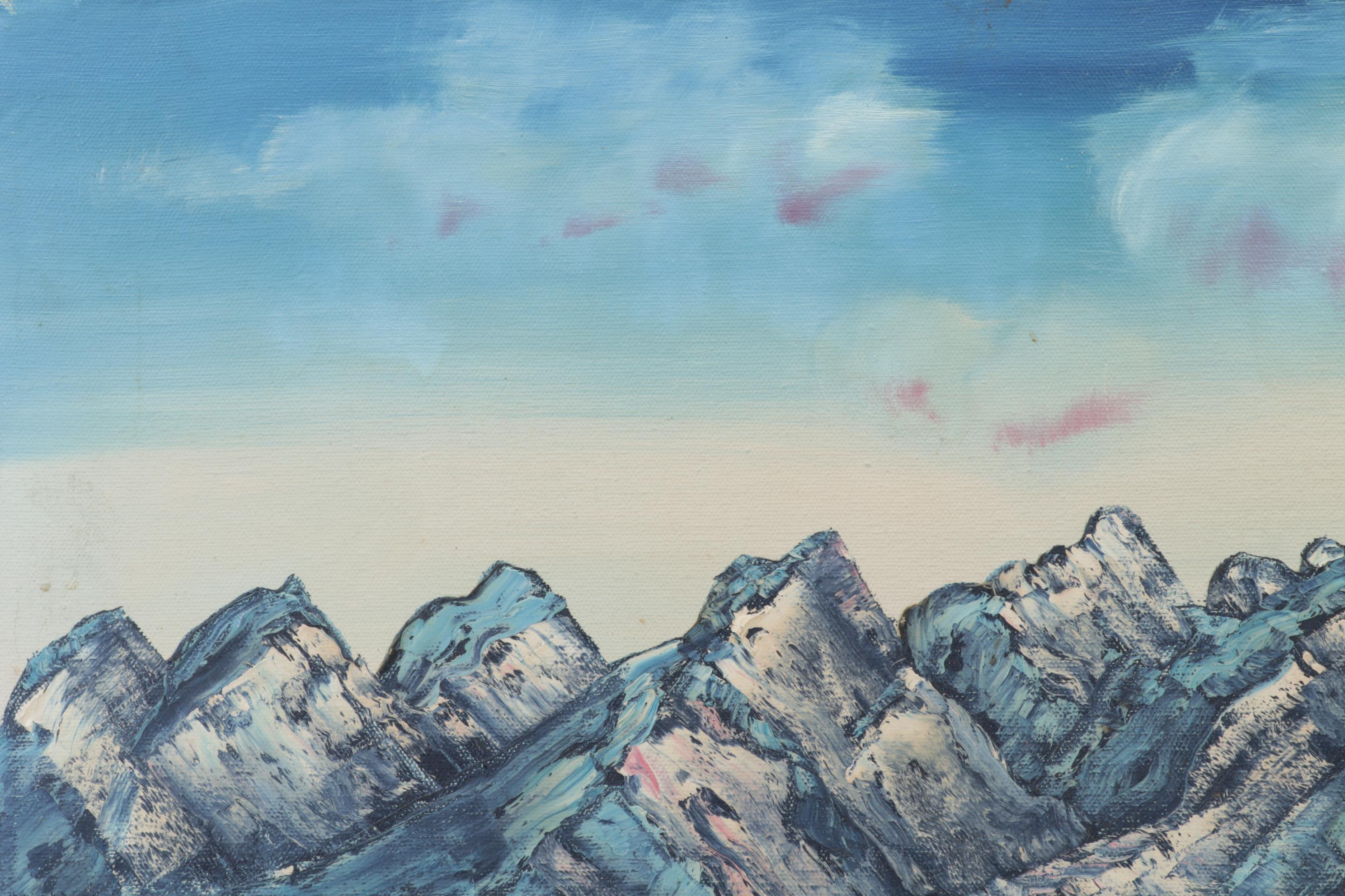 G. Morgan Mountain Valley Landscape Oil Painting of Lakeside Cabin, 1987