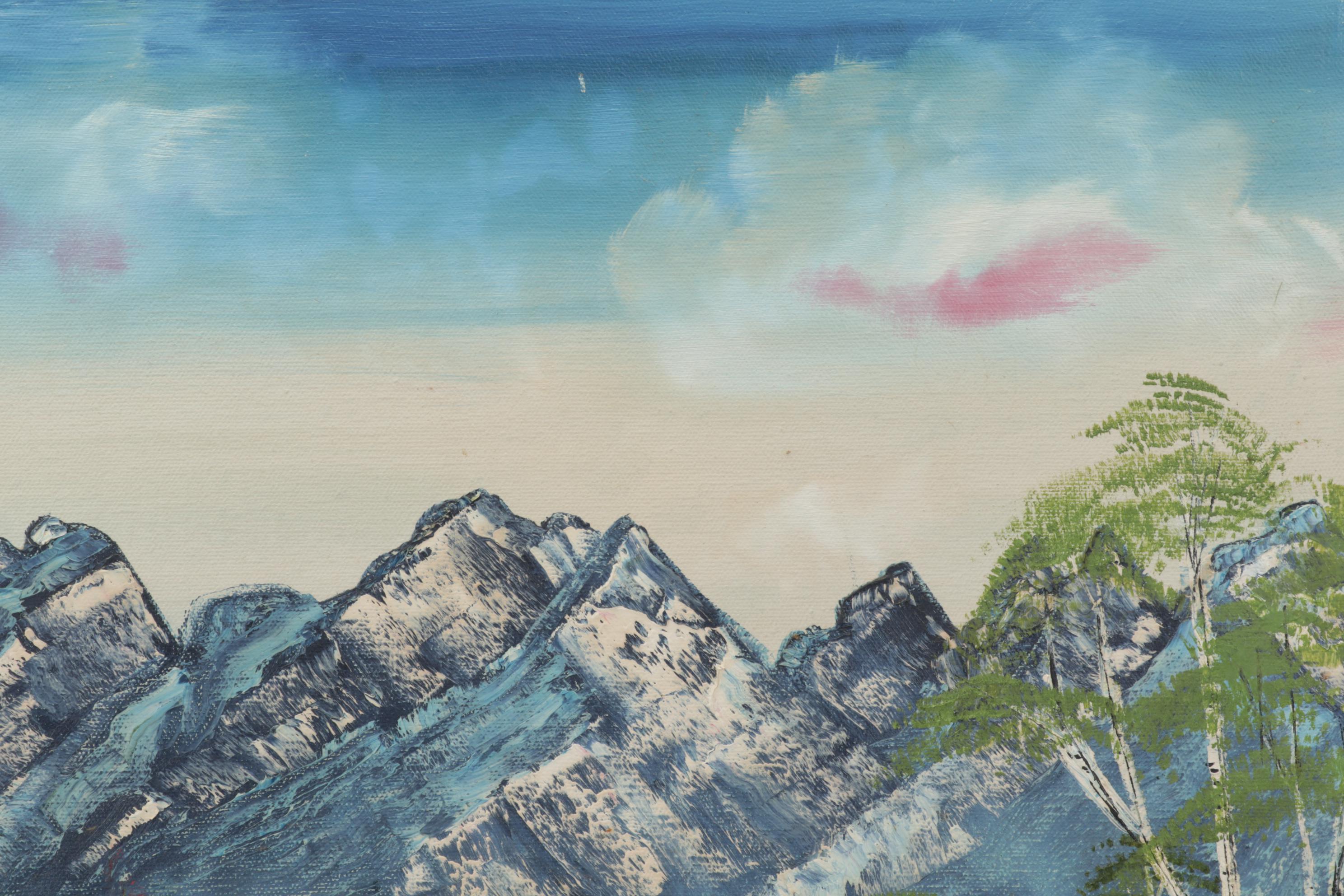 G. Morgan Mountain Valley Landscape Oil Painting of Lakeside Cabin, 1987