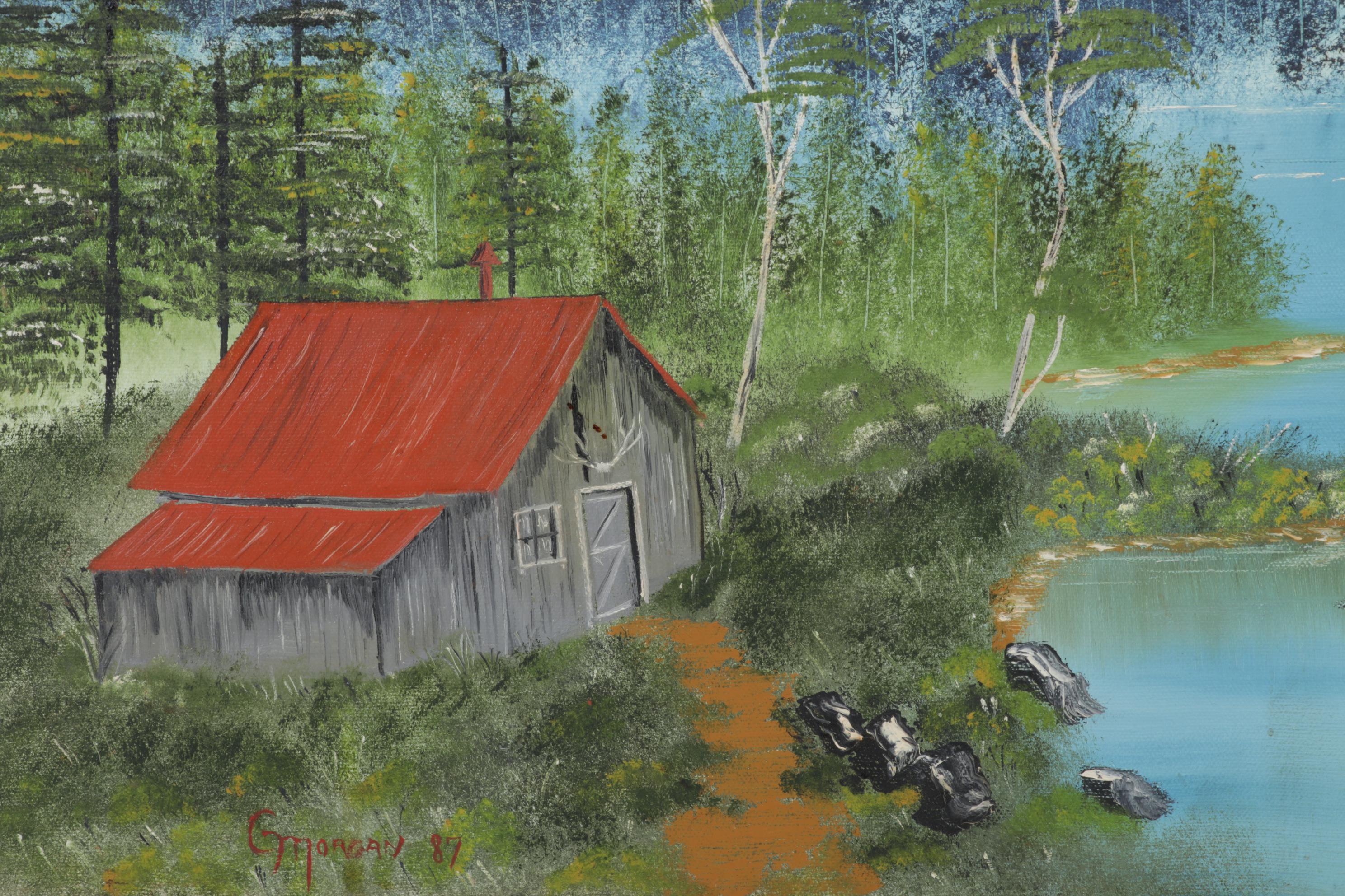G. Morgan Mountain Valley Landscape Oil Painting of Lakeside Cabin, 1987