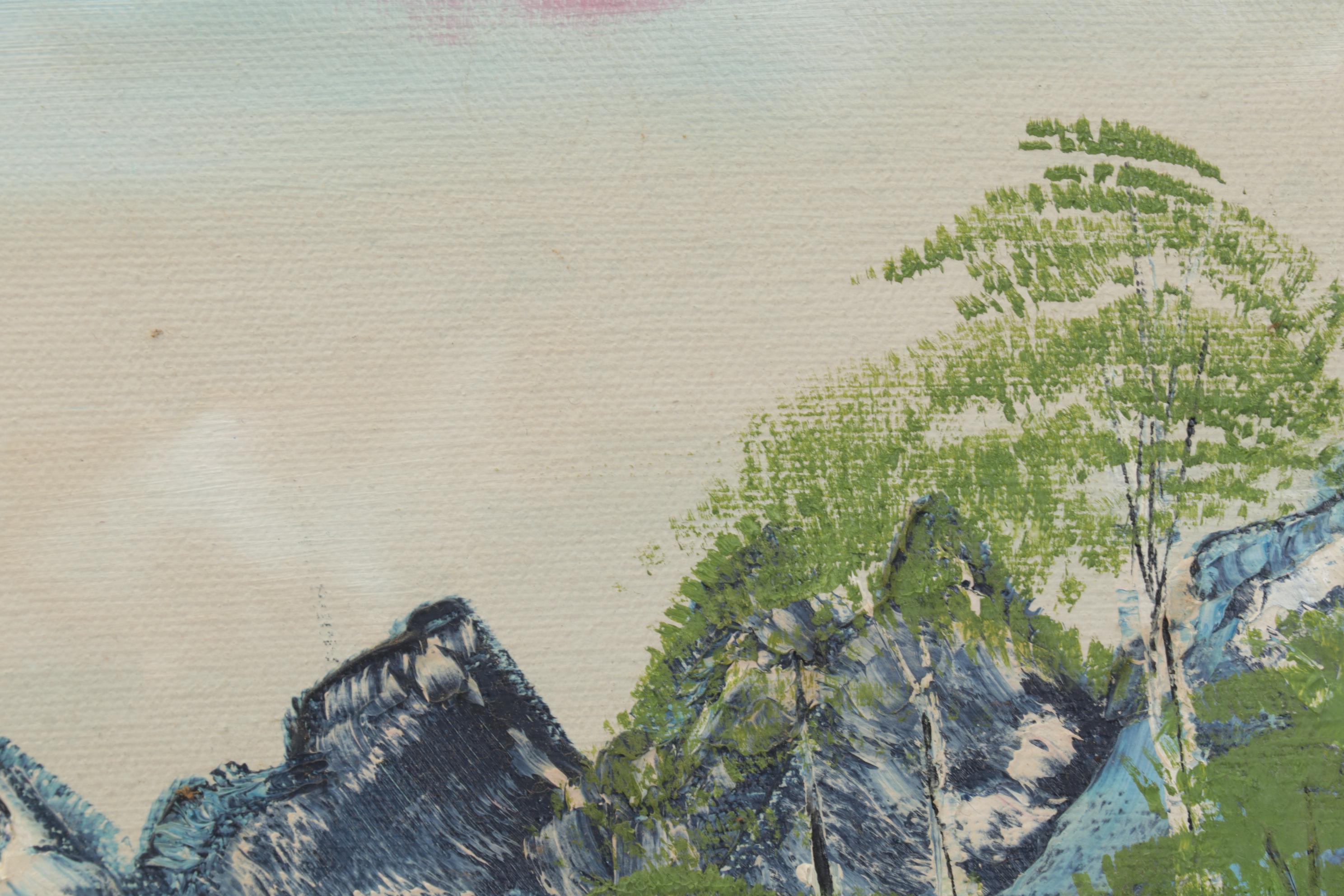 G. Morgan Mountain Valley Landscape Oil Painting of Lakeside Cabin, 1987