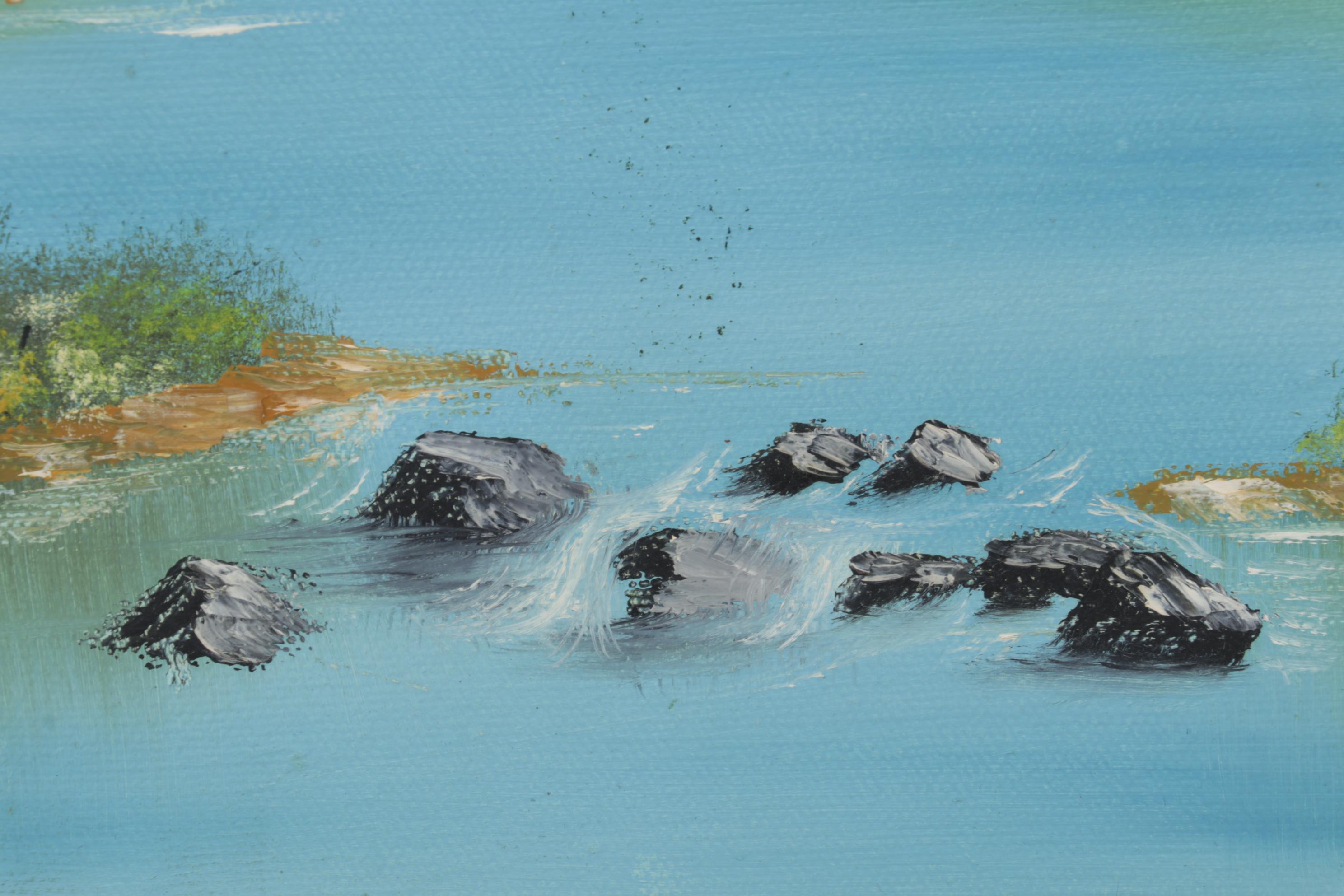 G. Morgan Mountain Valley Landscape Oil Painting of Lakeside Cabin, 1987