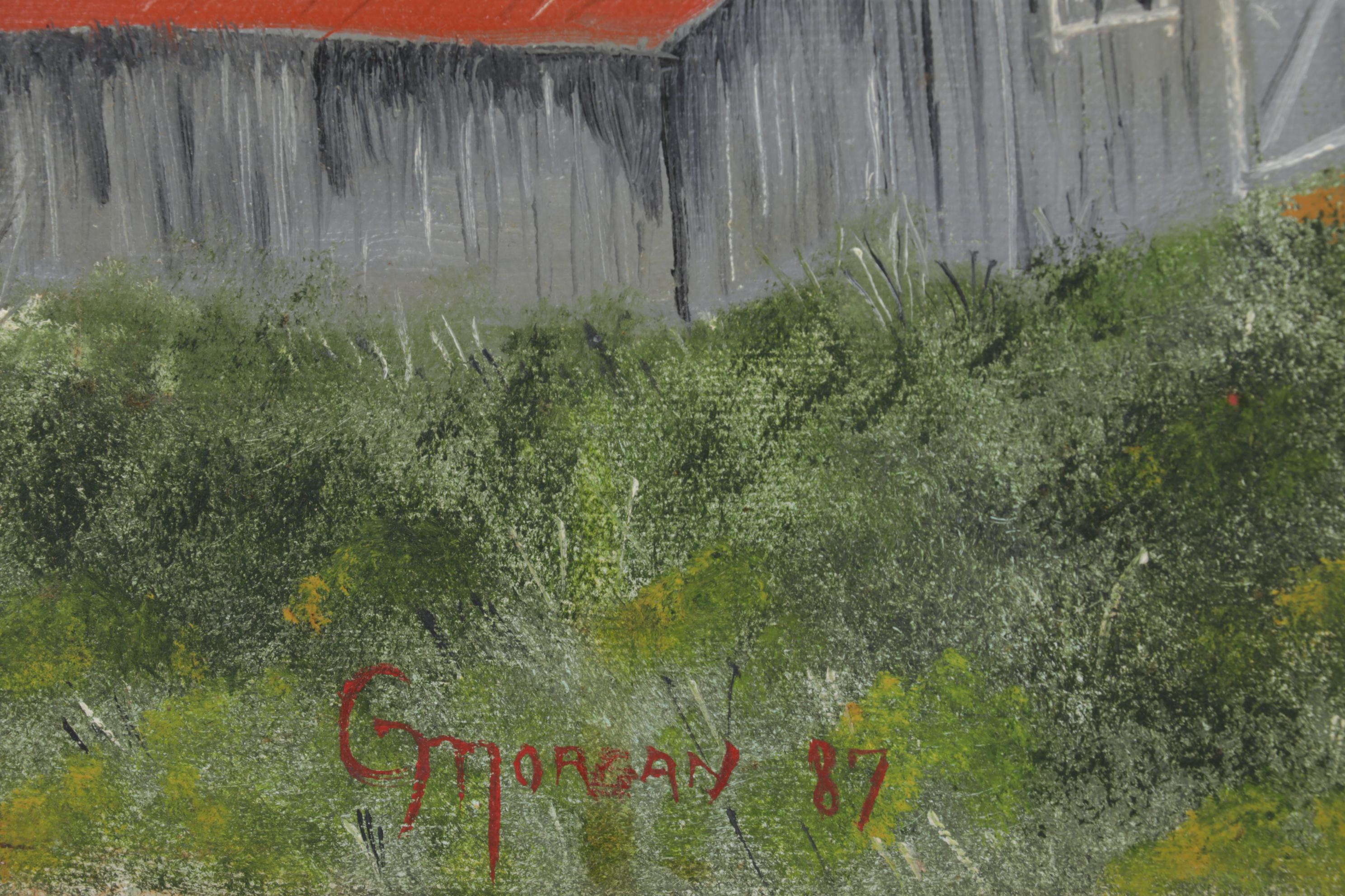 G. Morgan Mountain Valley Landscape Oil Painting of Lakeside Cabin, 1987