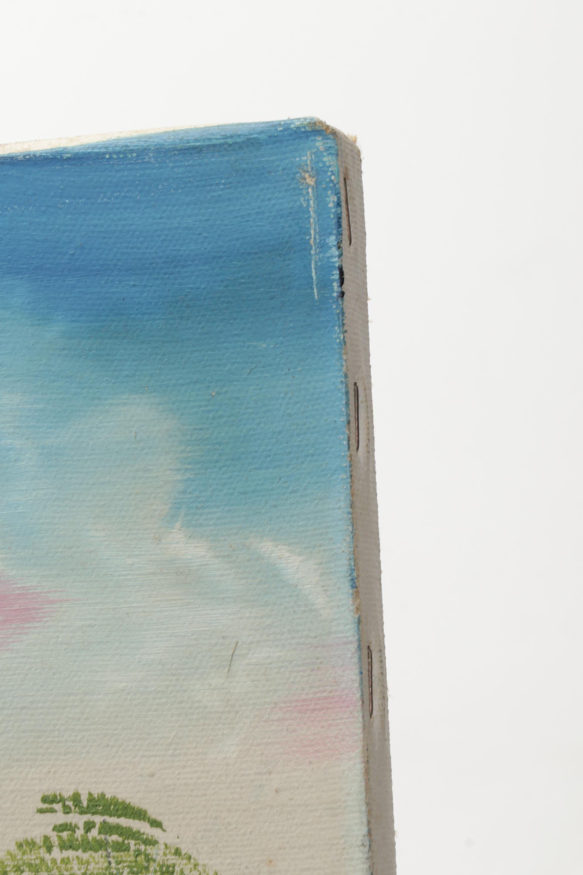 G. Morgan Mountain Valley Landscape Oil Painting of Lakeside Cabin, 1987