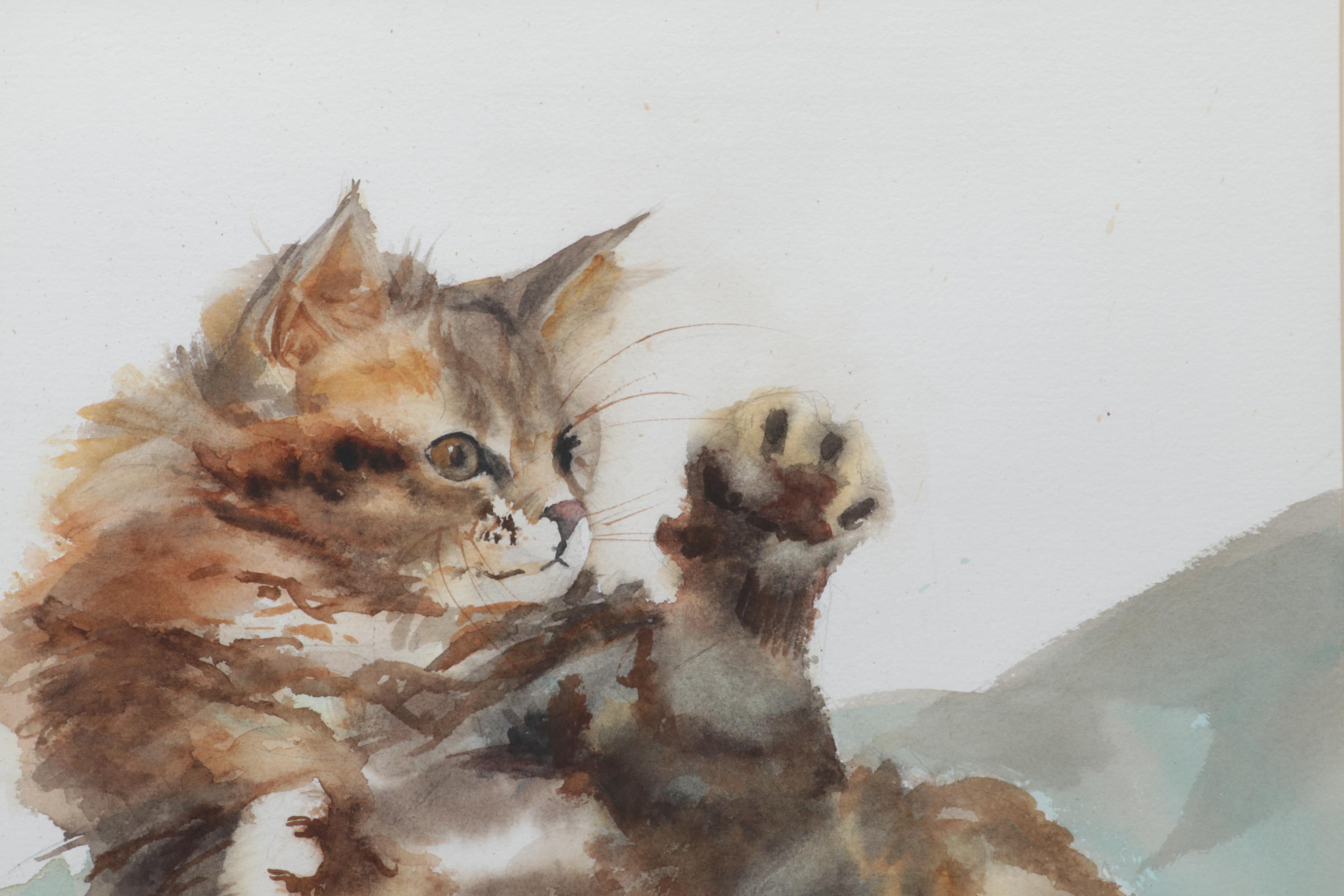 Jean Hall Tonk Cat Portrait Watercolor Painting, Late 20th Century