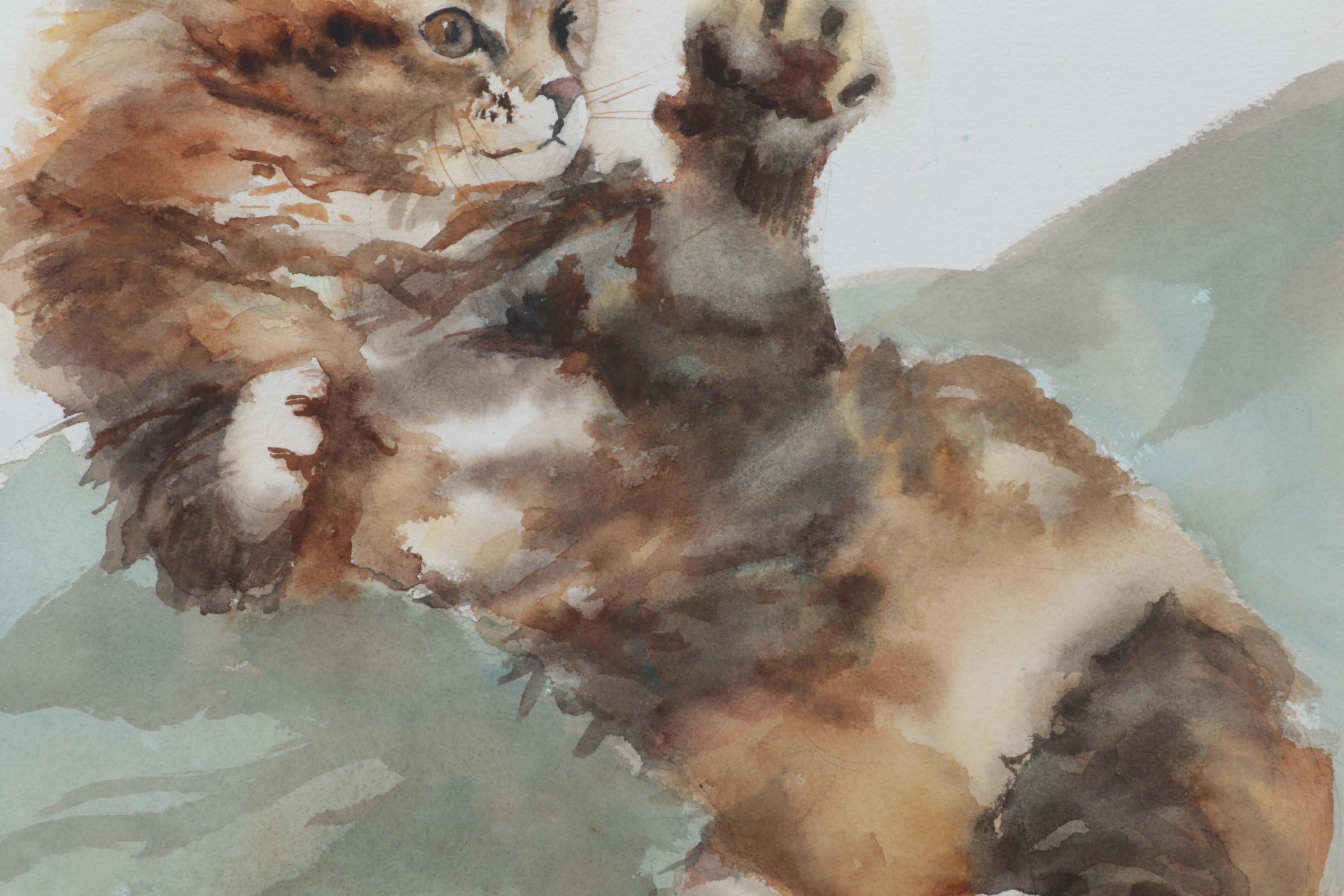 Jean Hall Tonk Cat Portrait Watercolor Painting, Late 20th Century