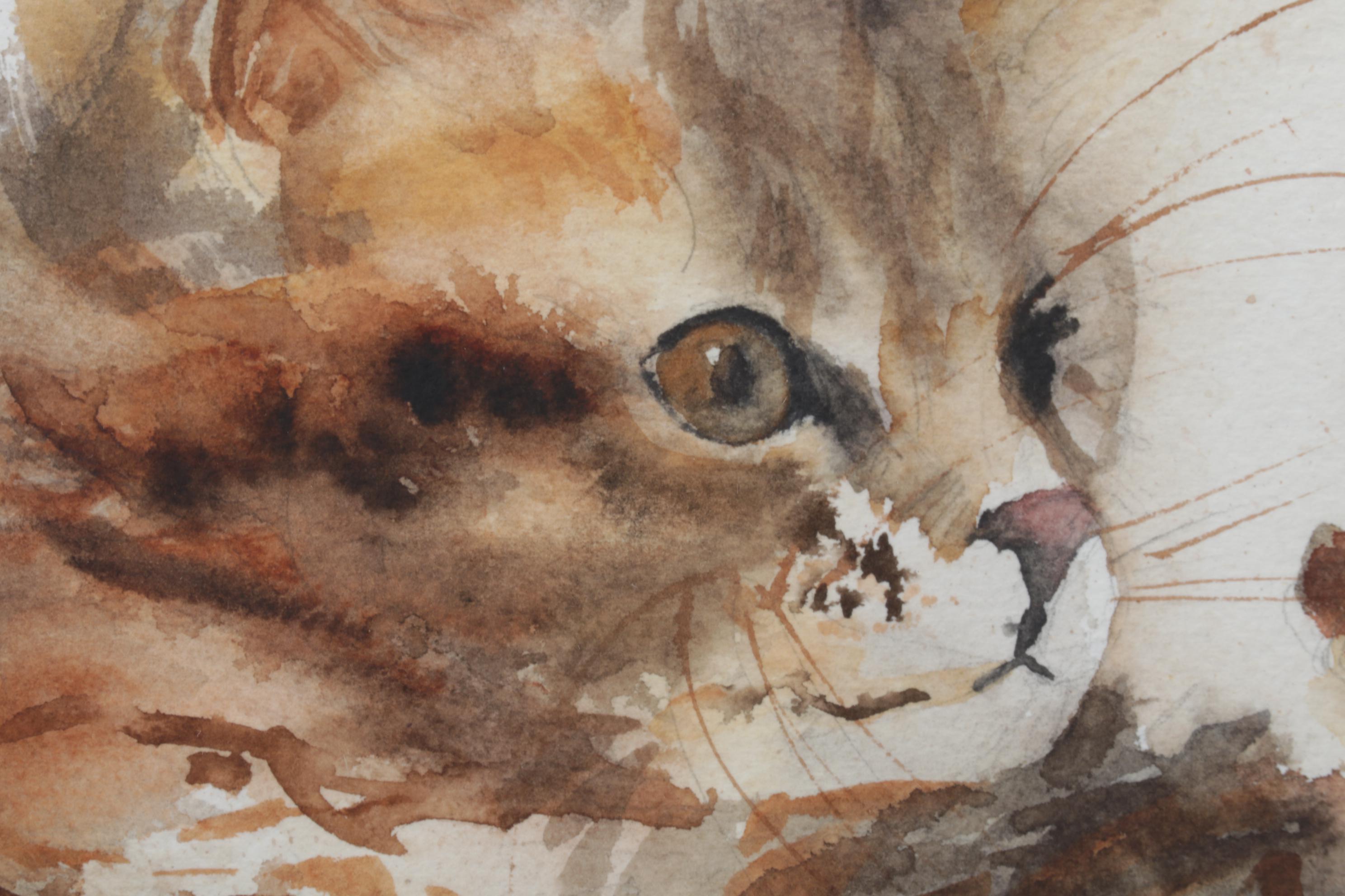 Jean Hall Tonk Cat Portrait Watercolor Painting, Late 20th Century