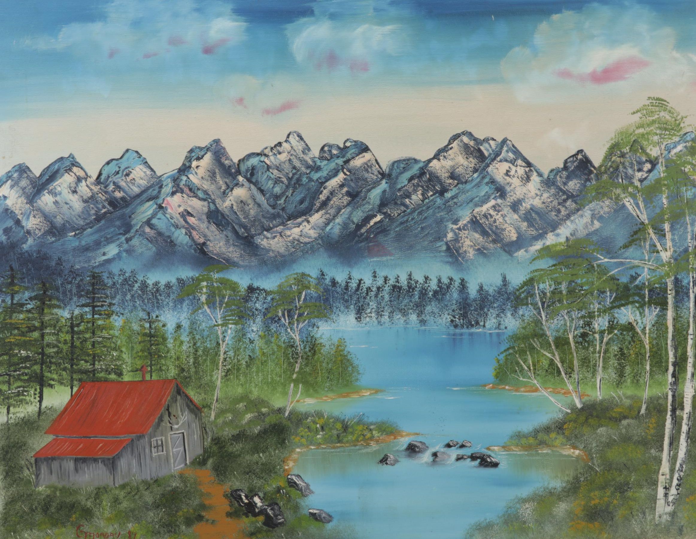 G. Morgan Mountain Valley Landscape Oil Painting of Lakeside Cabin, 1987