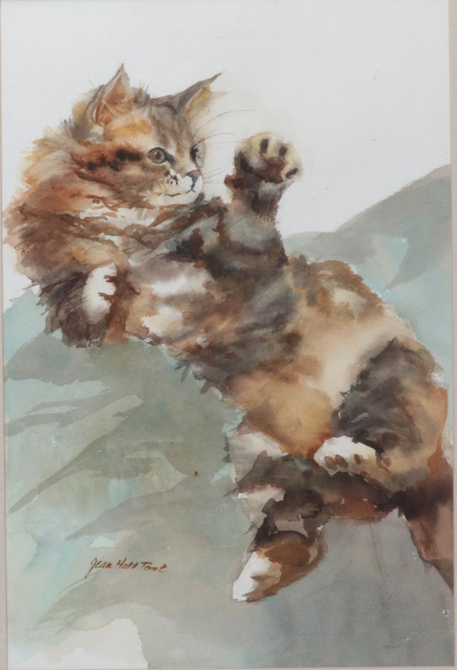 Jean Hall Tonk Cat Portrait Watercolor Painting, Late 20th Century