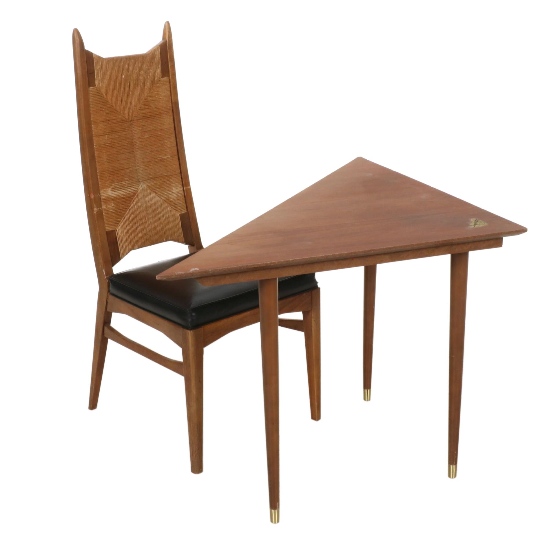 Modern Triangular Wooden Table with Woven Back Side Chair