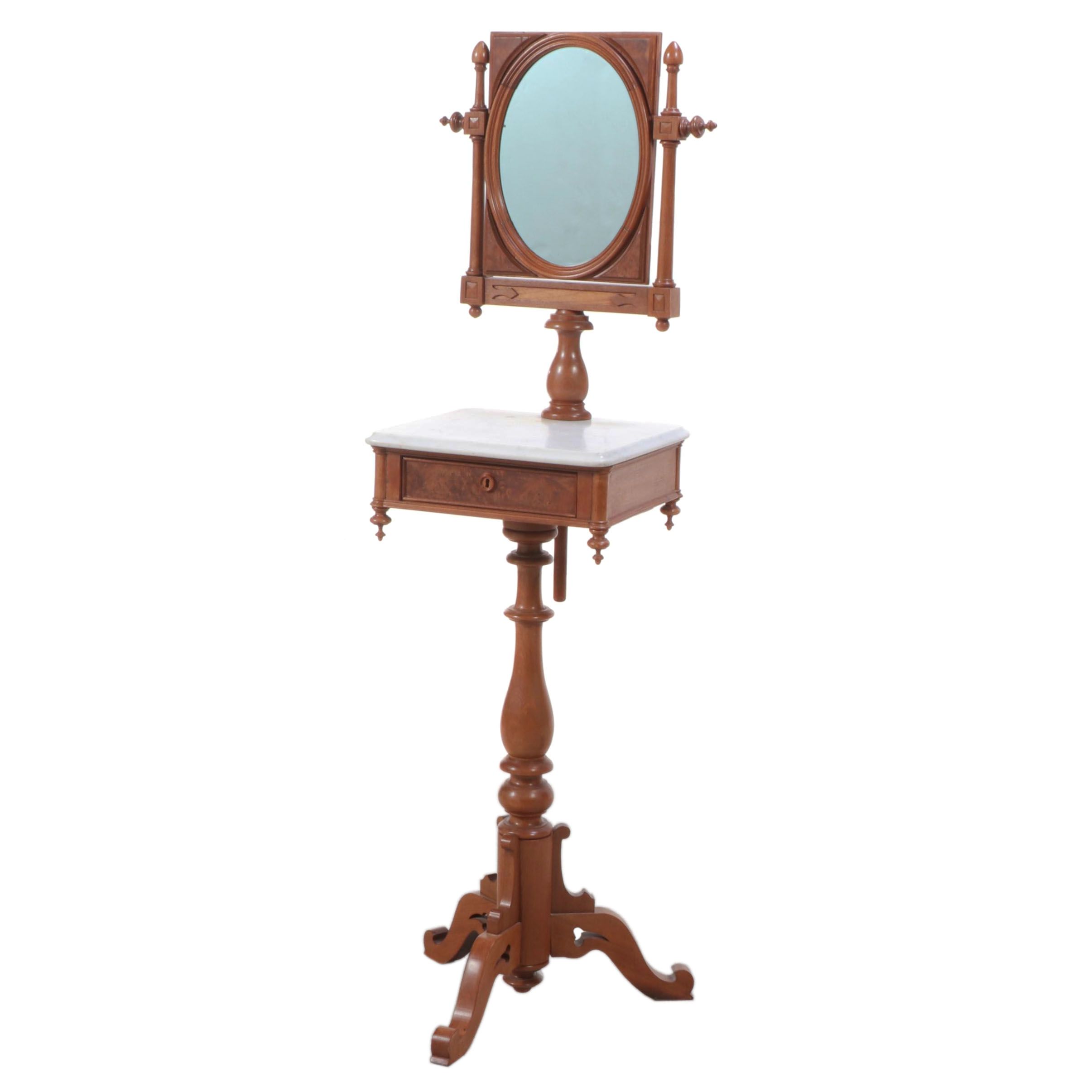 Victorian Walnut, Burl Walnut and Marble Shaving Stand, Mid to Late 19th Century