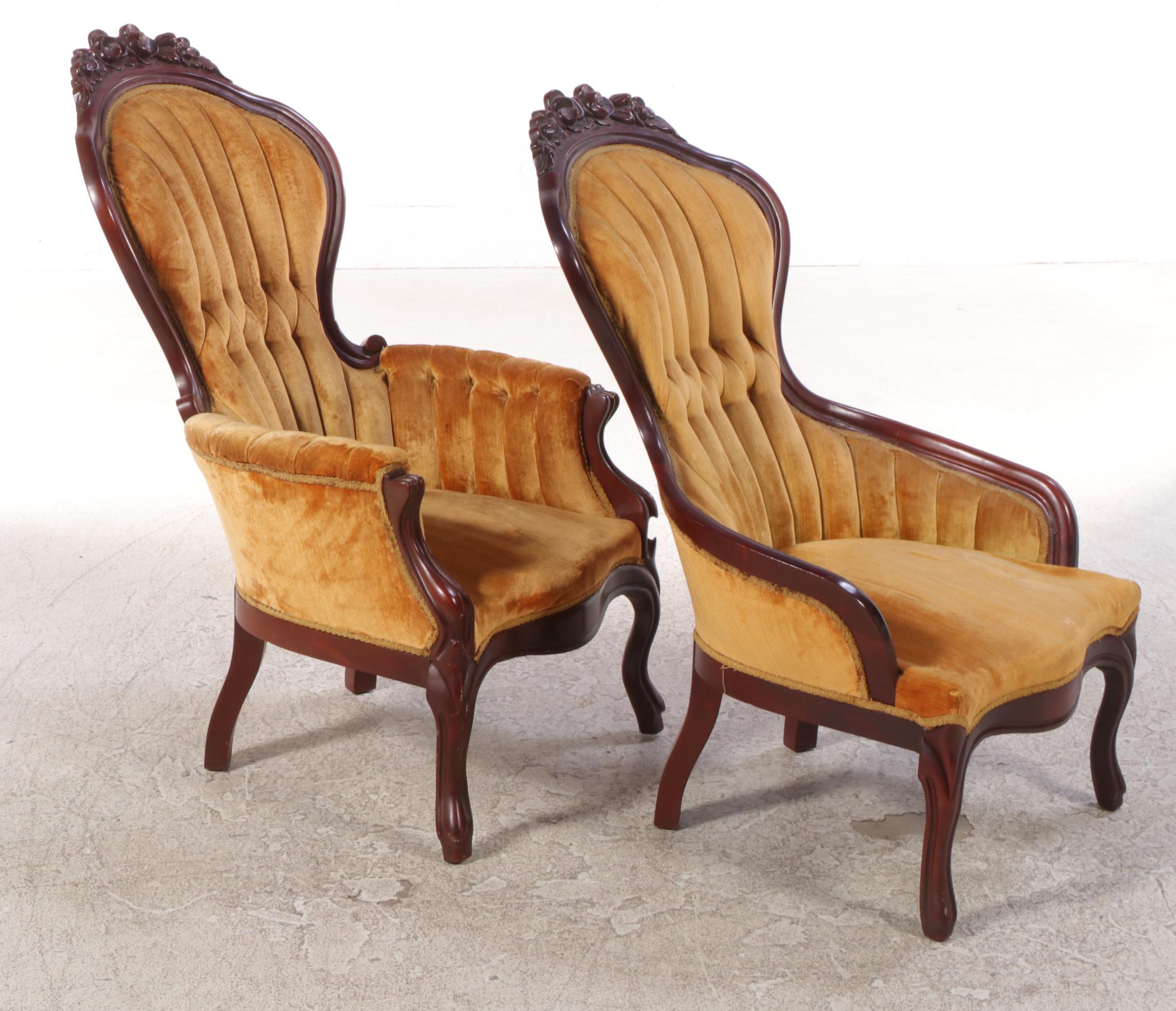 Kimball Furniture Victorian Style Carved and Velvet Upholstered Parlor Chairs