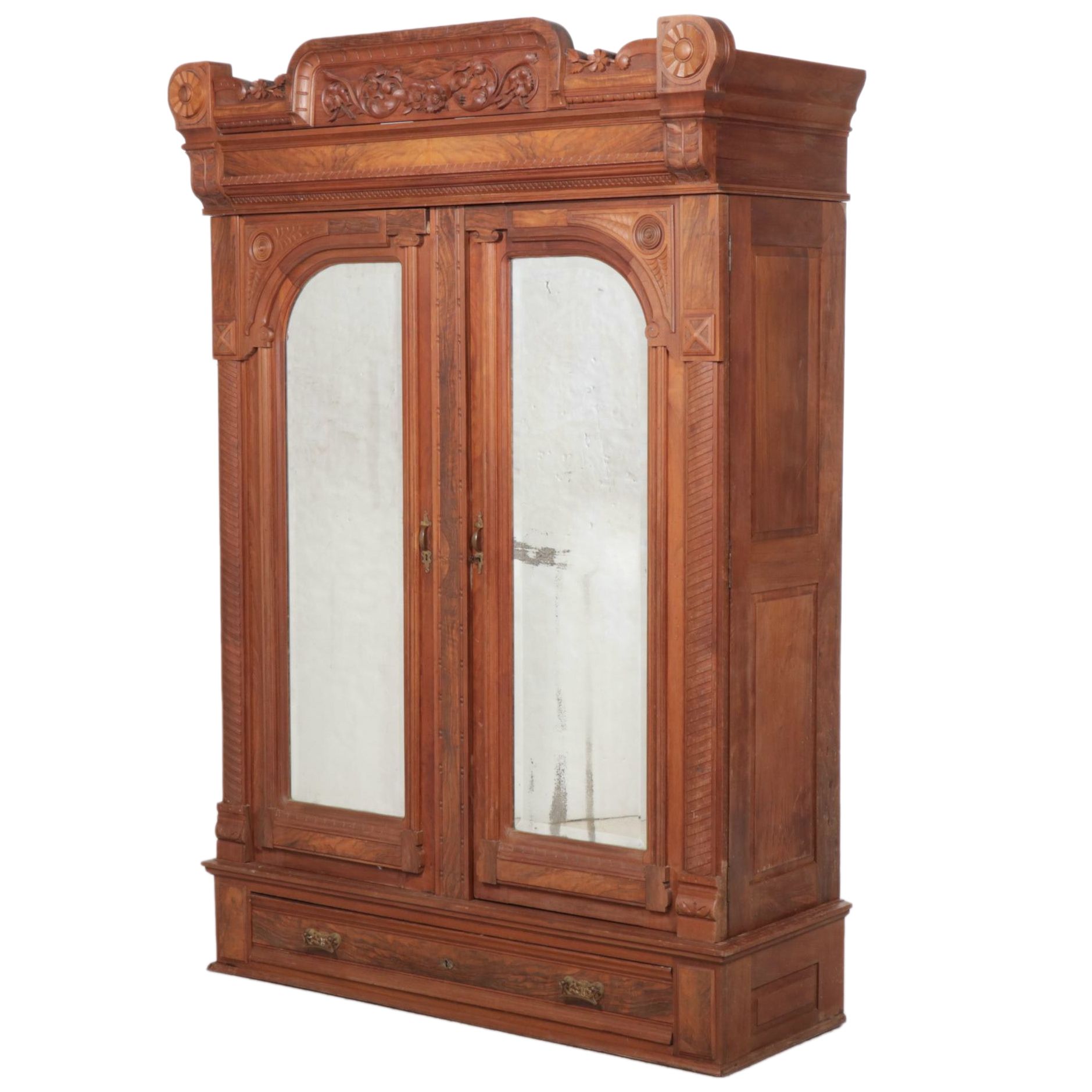 Victorian Walnut, Burl Walnut and Mirrored Armoire, Late 19th Century