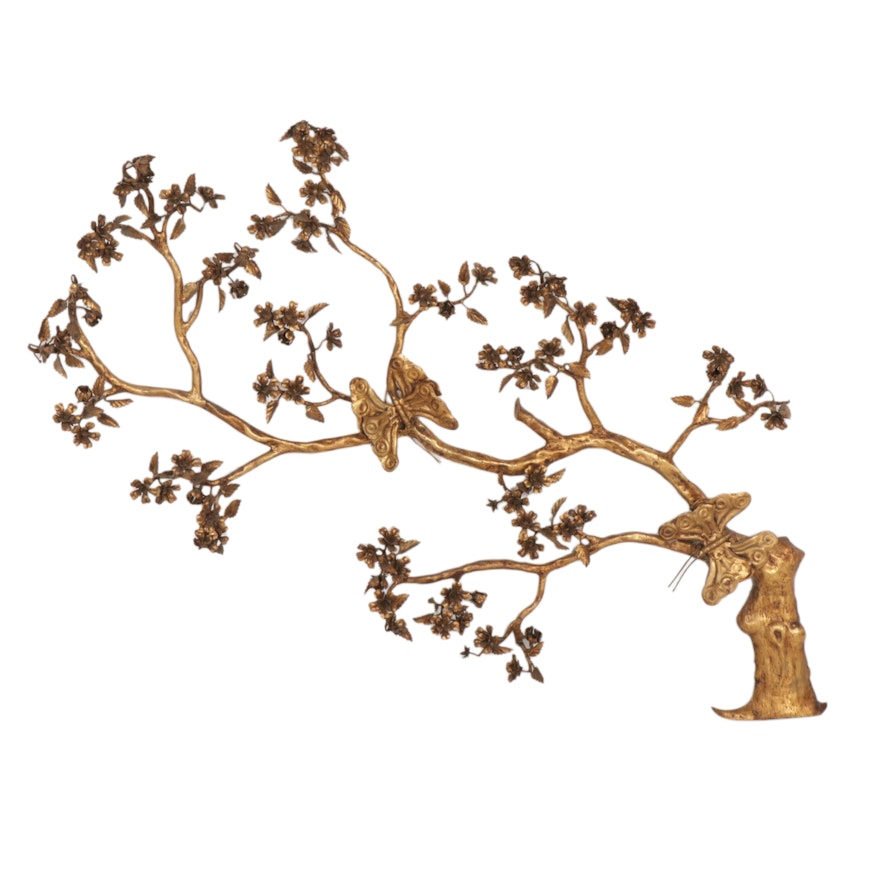 Gilt Blossoming Cherry Tree and Butterfly Wall Sculpture