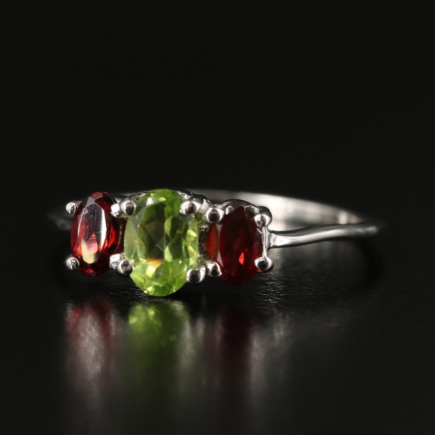 Sterling Peridot and Garnet Ring